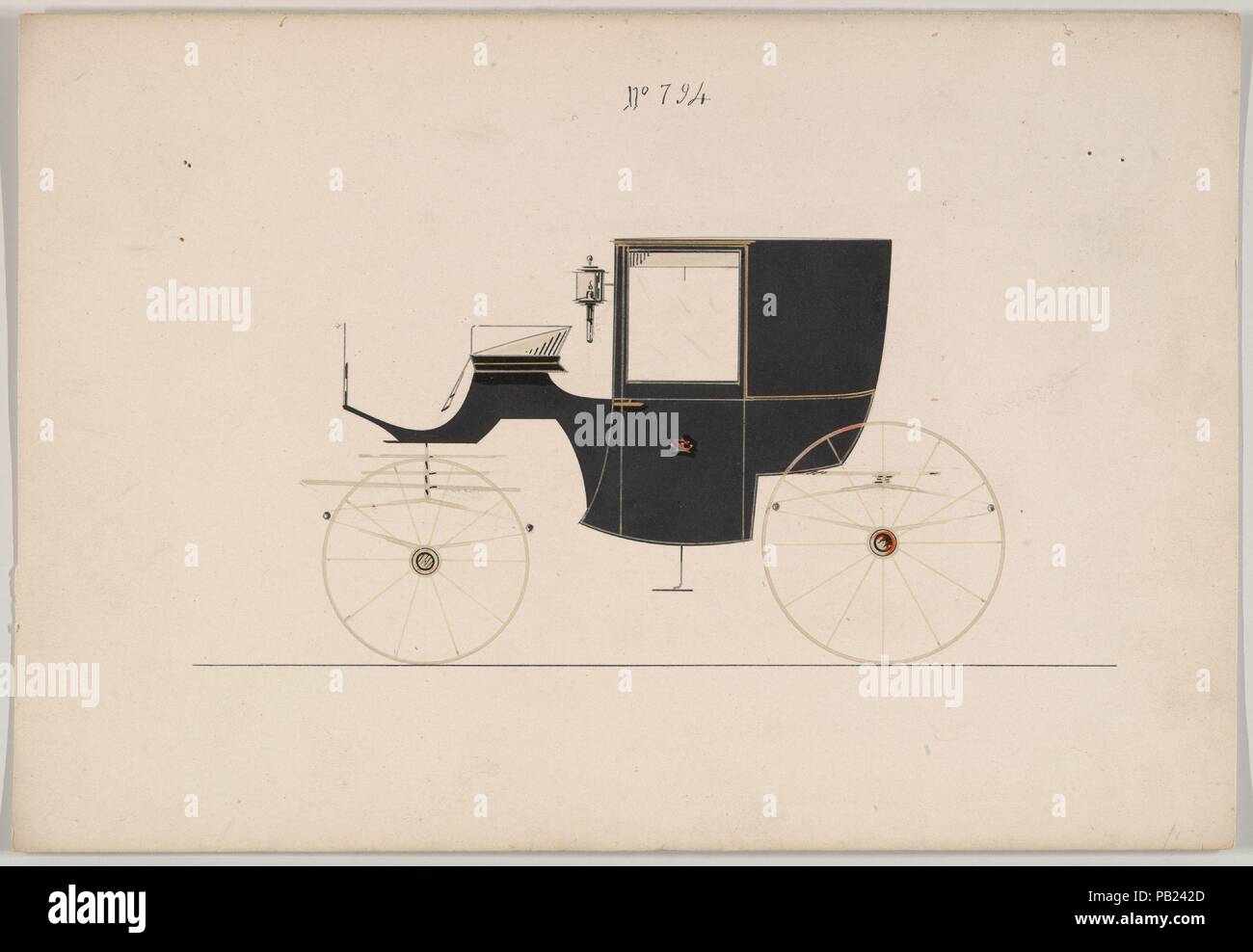 Design für Brougham, nein. 794. Artist: Paul Rodissart (Amerikanisch, aktive 1850-80). Abmessungen: 6 1/4 x 9 1/8 in. (15,9 x 23,2 cm). Hersteller: Brewster & Co (American, New York). Datum: 1850-1870. Brewster & Unternehmen Geschichte Gegründet 1810 von James Brewster (1788-1866) in New Haven, Connecticut, Brewster&Company, bei der Herstellung von feinen Wagen spezialisiert. Der Gründer eröffnet Showroom in New York 1827 am 53-54 Broad Street, und das Unternehmen unter Generationen der Familie Führung blühte. Expansion erforderte bewegt sich rund um Manhattan, mit Namen Änderungen betreffen, die die Schichten von Stockfoto