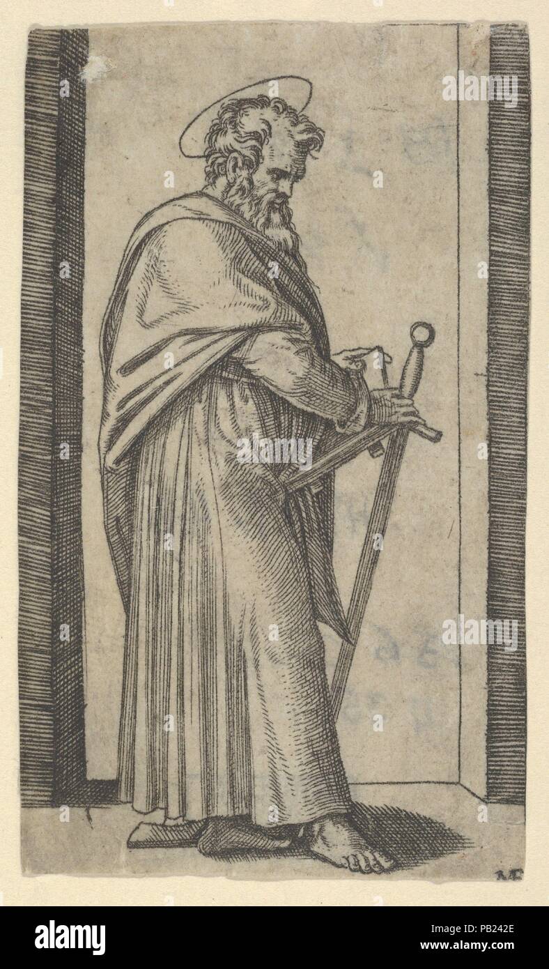 Saint Paul, Schwert in seiner rechten Hand, aus der Serie "piccoli Santi" (kleine Heiligen). Artist: Marcantonio Raimondi (Italienisch, Argini (?) Ca. 1480 - vor 1534 Bologna (?)); Nach Raphael (Raffaello Sanzio oder Santi) (Italienisch, Urbino 1483-1520 Rom). Abmessungen: 3 1/8 x 1 7/8 in. (8,0 x 4,7 cm). Datum: Ca. 1500-1527. Museum: Metropolitan Museum of Art, New York, USA. Stockfoto