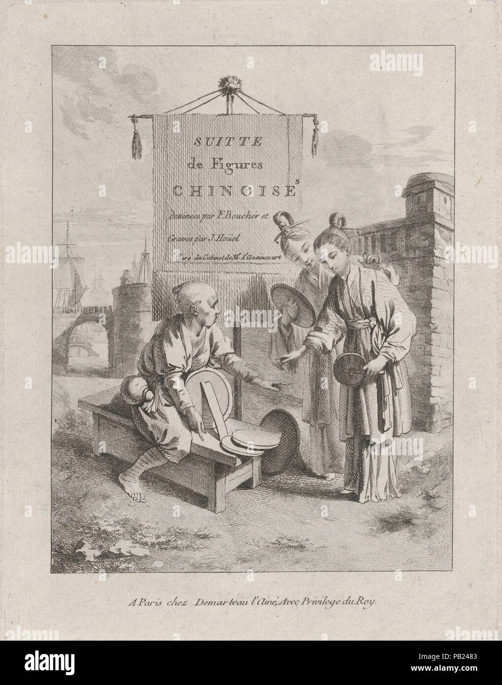 Frontispiz, von Suite de Zahlen Chinoises. . . Tiré du Cabinet de Herr d'Azaincourt (Serie der Chinoiserie Zahlen. . Von den Kammern des Herrn d'Azaincourt), Platte 1. Artist: Nachdem François Boucher (Französisch, Paris 1703-1770 Paris); Jean Pierre Louis Laurent Hoüel (Französisch, Rouen, Paris 1735-1813). Maße: Blatt: 13 11/16 x 10 7/16 in. (34,8 x 26,5 cm) Platte: 8 3/4 x 6 7/8 in. (22,3 x 17,5 cm). Herausgeber: Gilles Demarteau (Französisch, Lüttich 1722-1776 Paris). Serie/Portfolio: Suite de Zahlen Chinoises. . . Tiré du Cabinet de Herr d'Azaincourt. Datum: Mitte des 18. Jahrhunderts. Museum: Metropolitan Museum Stockfoto