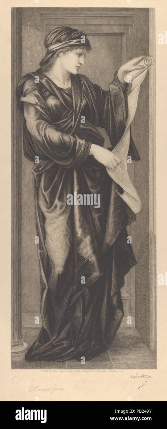 Die Cumaean Sibyl. Artist: Nach Sir Edward Burne-Jones (Briten, Birmingham 1833-1898 Fulham); Geätzt durch Charles-Albert Waltner (Französisch, Paris 1846-1925 Paris). Abmessungen: Bild: 17 3/16 x 6 7/8 in. (43,6 x 17,4 cm) Blatt: 21 7/16 x 16 in. (54,5 x 40,7 cm). Herausgeber: Thomas Agnew & Söhne, Ltd (London), Manchester und Liverpool. Date: November 1, 1882. Diese radierung vermittelt Schwere der Burne-Jones Konzeption der apollinischen Priesterin auf Cumae - eine griechische Kolonie in der Nähe von Neapel - und gehört zu einer Serie, die er alten Prophetinnen, kündigt das Kommen Christi gewidmet. Kuvertieren dunklen Vorhängen, boun Stockfoto