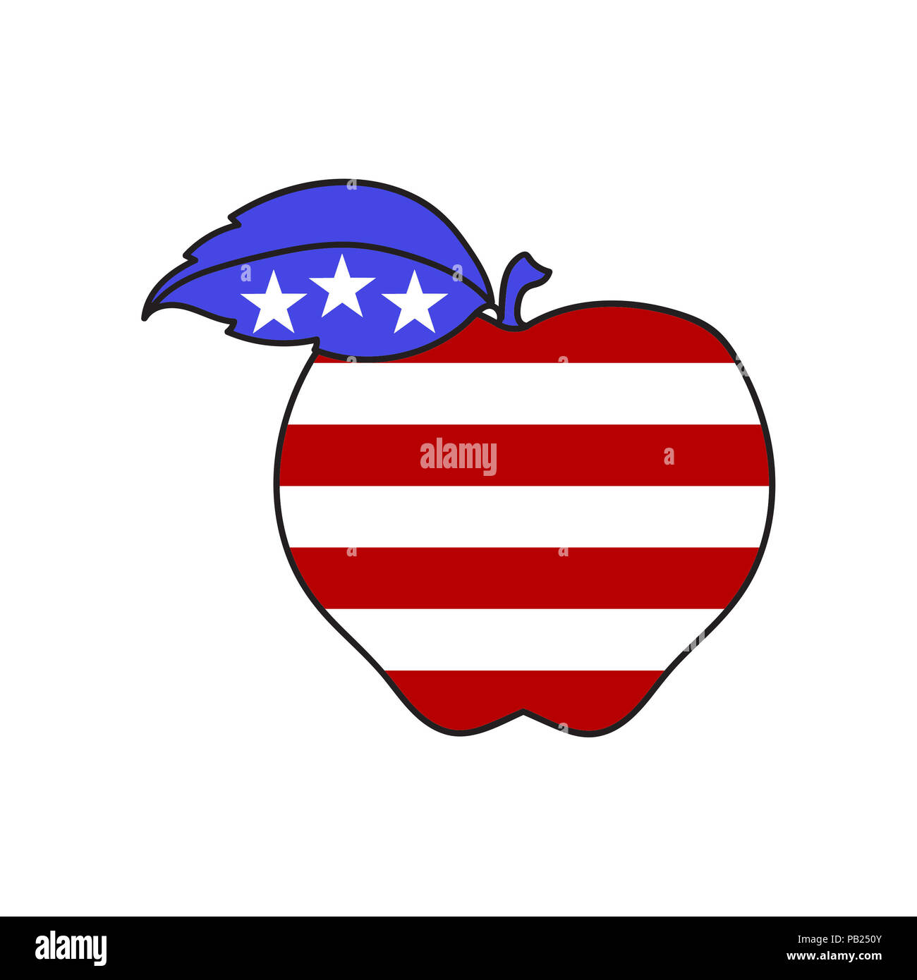 Abbildung einer patriotischen Apple in den Farben der amerikanischen Flagge auf einem weißen Hintergrund. Stockfoto
