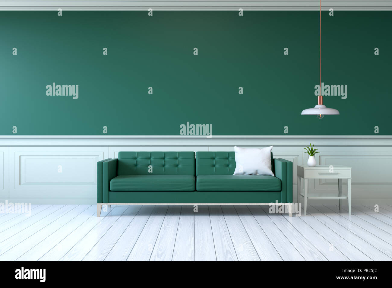 Büscheliges grünes sofa im klassischen innenraum mit kopienraum. grüne  wände mit leisten. boden parkett fischgrät. 3d-rendering