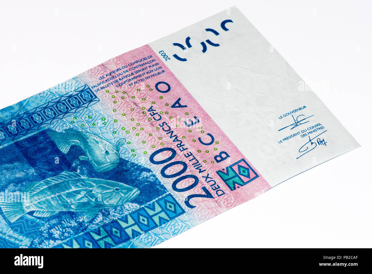 2000 CFA-Franc Bank Note. CFA-Franc ist in 14 afrikanischen Ländern verwendet. Stockfoto