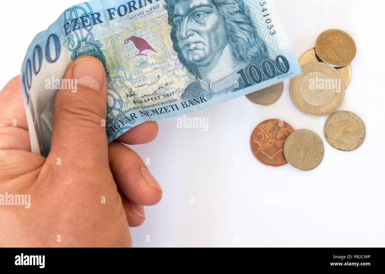 Tausend ungarische Gulden Banknote mit einige Münzen Stockfoto