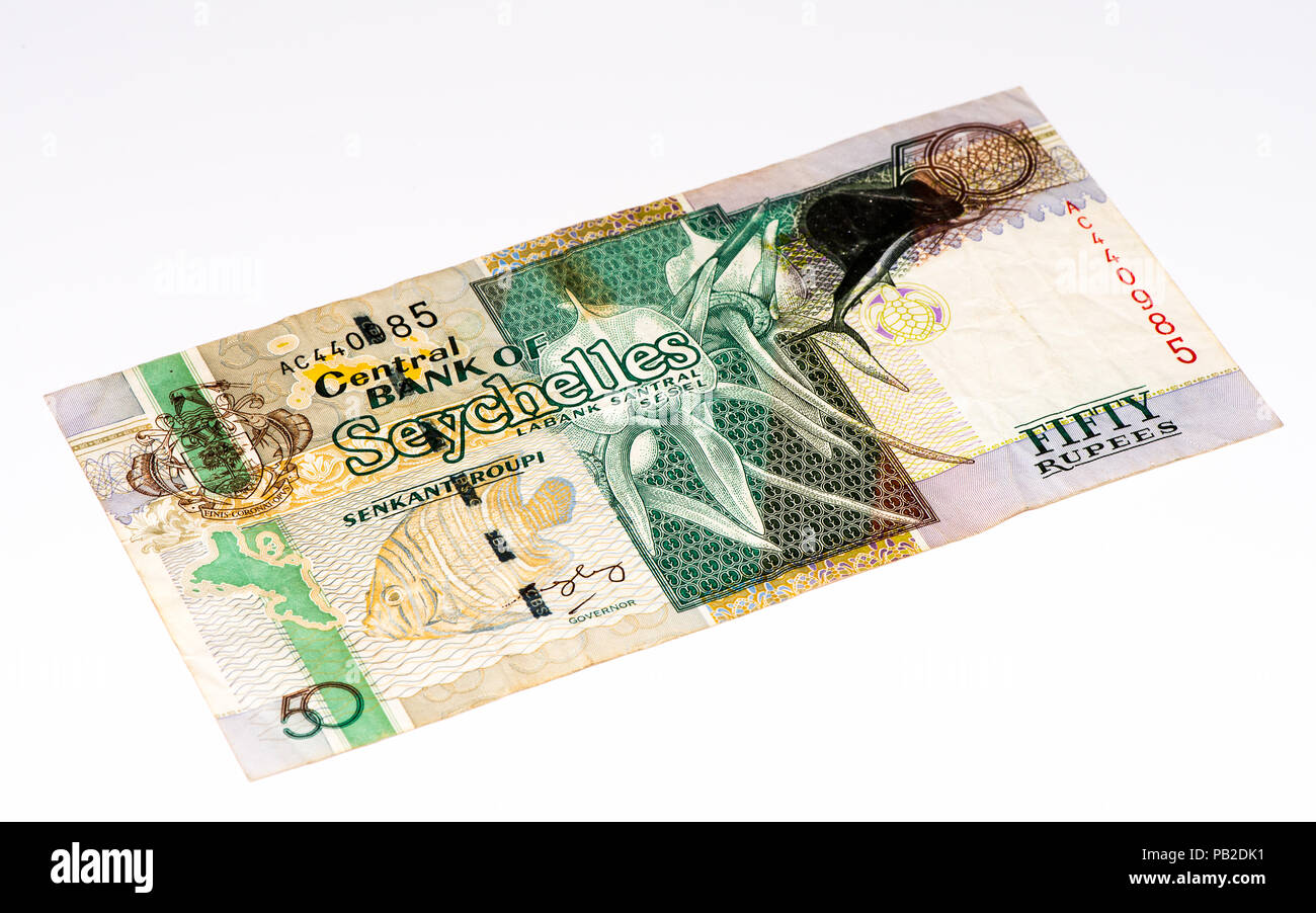 50 Seychellen Rupie Bank Note, die nationale Währung der Seychellen. Stockfoto