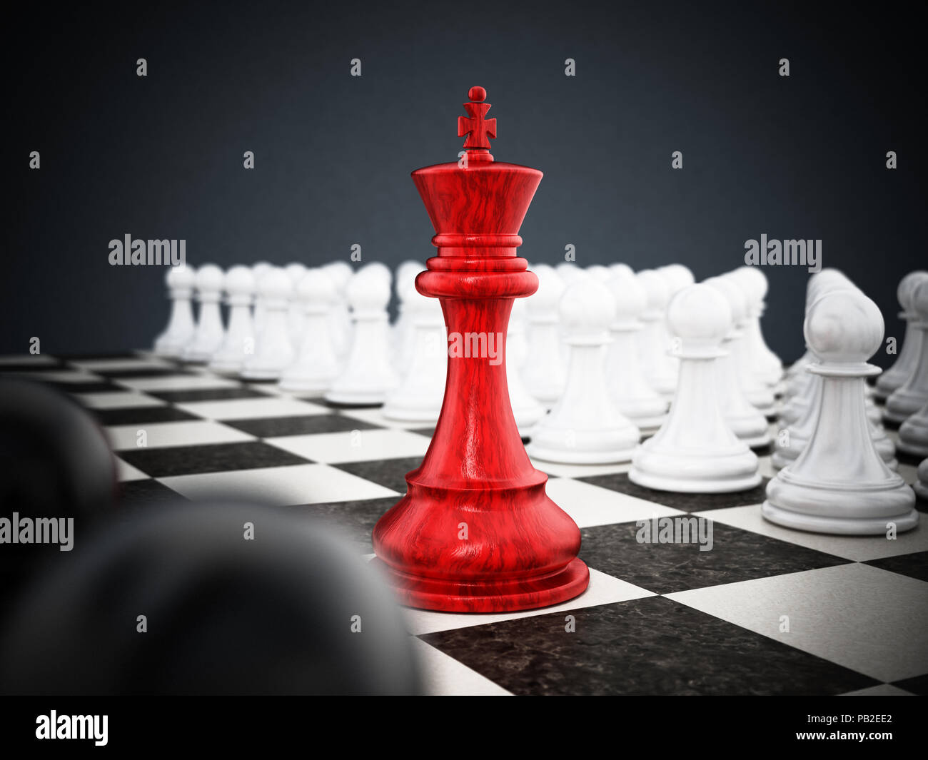 Rot chess König steht zwischen Weißen und Schwarzen Schachfiguren. 3D-Darstellung. Stockfoto