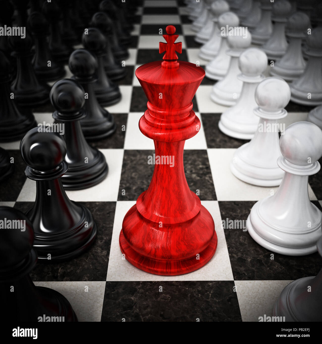 Rot chess König steht zwischen Weißen und Schwarzen Schachfiguren. 3D-Darstellung. Stockfoto