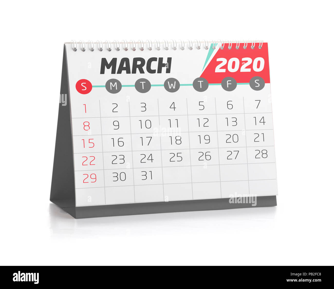 März weiß Office Kalender 2020 isoliert auf weißem Stockfoto