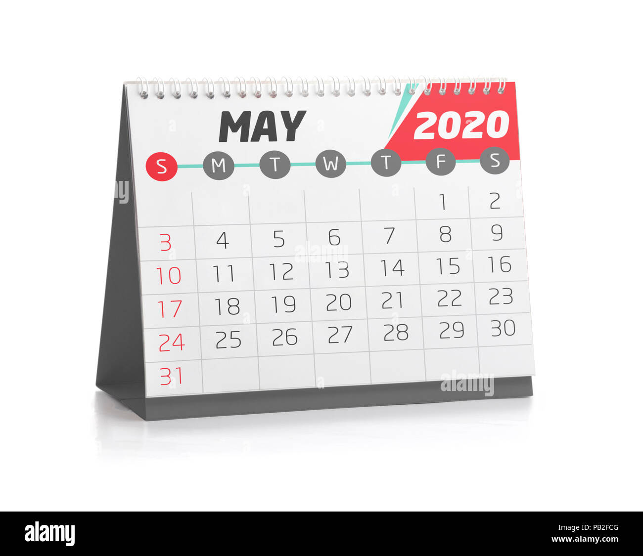 Mai weiße Office Kalender 2020 isoliert auf weißem Stockfoto