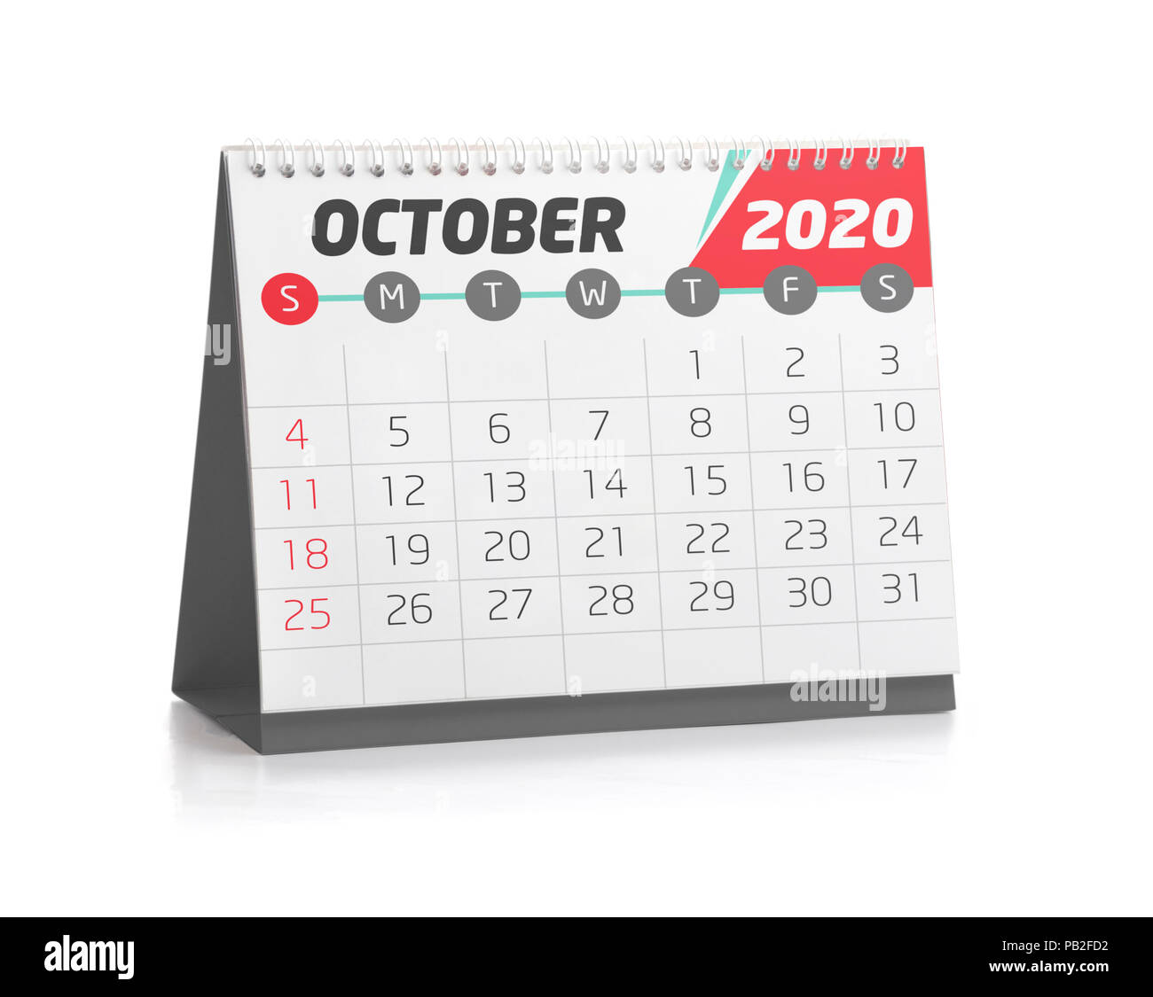 Oktober weiße Office Kalender 2020 isoliert auf weißem Stockfoto