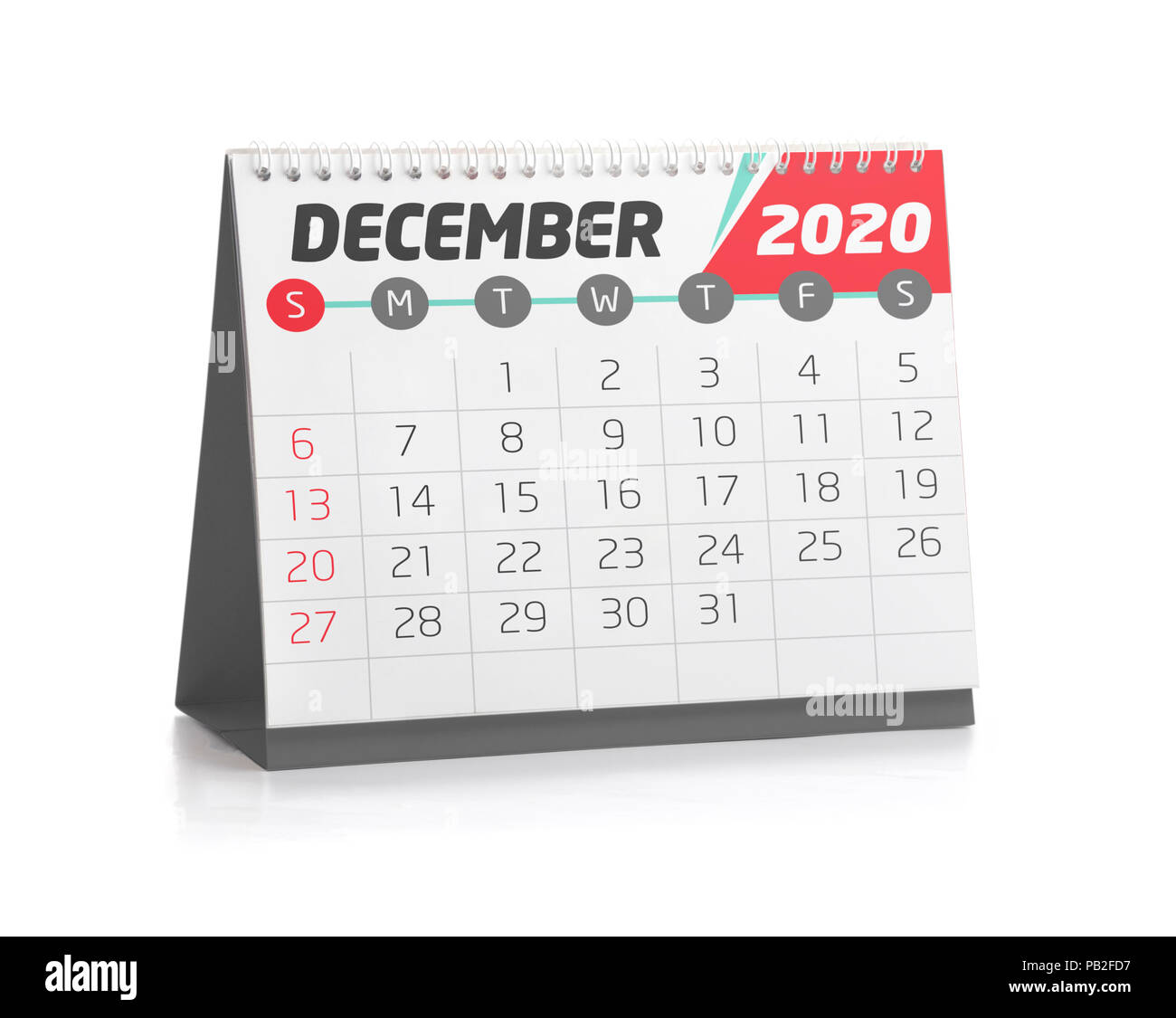 Dezember White Office Kalender 2020 isoliert auf weißem Stockfoto