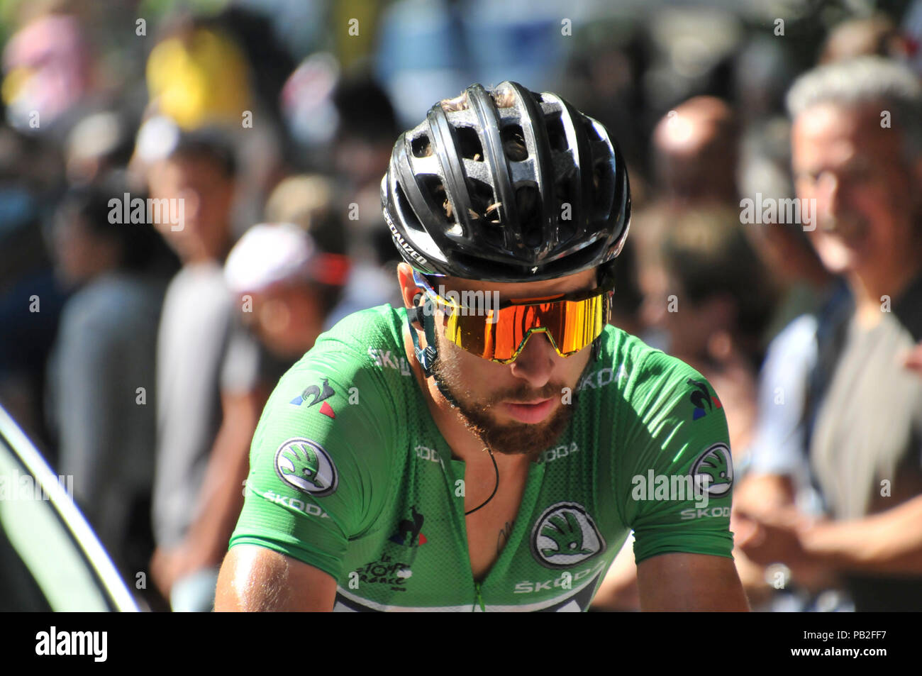 Peter Sagan an der Tour de France 2018 Etappe 15 nach Carcassonne am Pic de Nore klettern. Stockfoto
