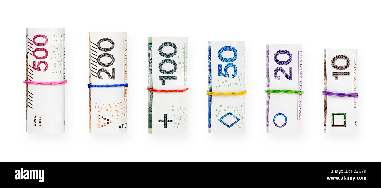 Mit einem Gummi polnische Zloty Banknoten auf weißem Hintergrund mit Freistellungspfad isoliert gerollt Stockfoto