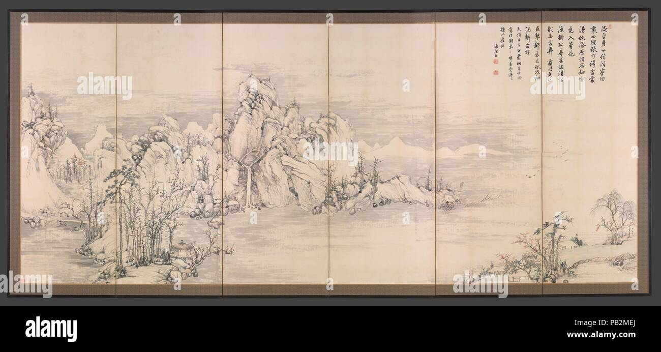 Biwa See in vier Jahreszeiten. Artist: Nukina Kaioku (Japanisch, 1778-1863). Kultur: Japan. Abmessungen: Bild: 24 9/16 x 60 5/8 in. (62,4 × 154 cm) Insgesamt mit Montage: 67 1/2 x 25 3/8 in. (171,4 × 64,5 cm). Datum: 1834. Biwa See, dem größten inländischen Gewässer in Japan und eine berühmte szenische Locale, befindet sich in einem Panoramablick erstreckt sich über die vier Jahreszeiten gefangengenommen. Beginnend auf der rechten Seite des rechten Bildschirms, Gräser und angehende Blumen inmitten immergrüner Pinien vorschlagen, Feder, während üppigen Weiden am Ufer im Sommer eine Stimmung vermitteln. Der linke Bildschirm - folgenden chinesischen Landschaft Traditionen statt. Stockfoto