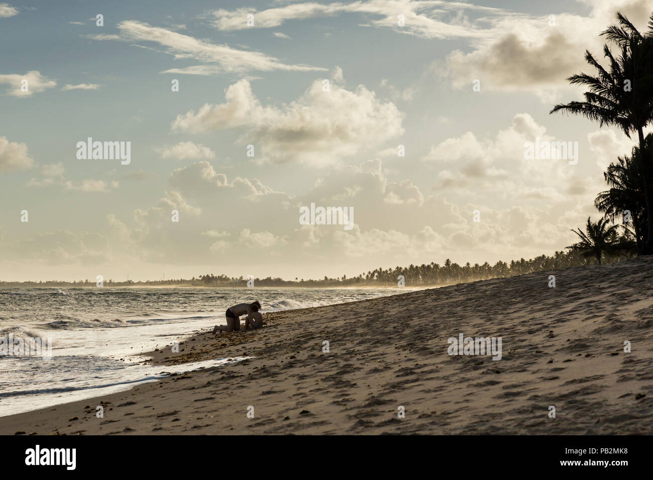 Vater und Sohn spielen am Strand mit einem wunderschönen Sonnenuntergang über dem Meer mit Blick auf Palmen in Praia do Forte, Bahia, Brasilien Stockfoto