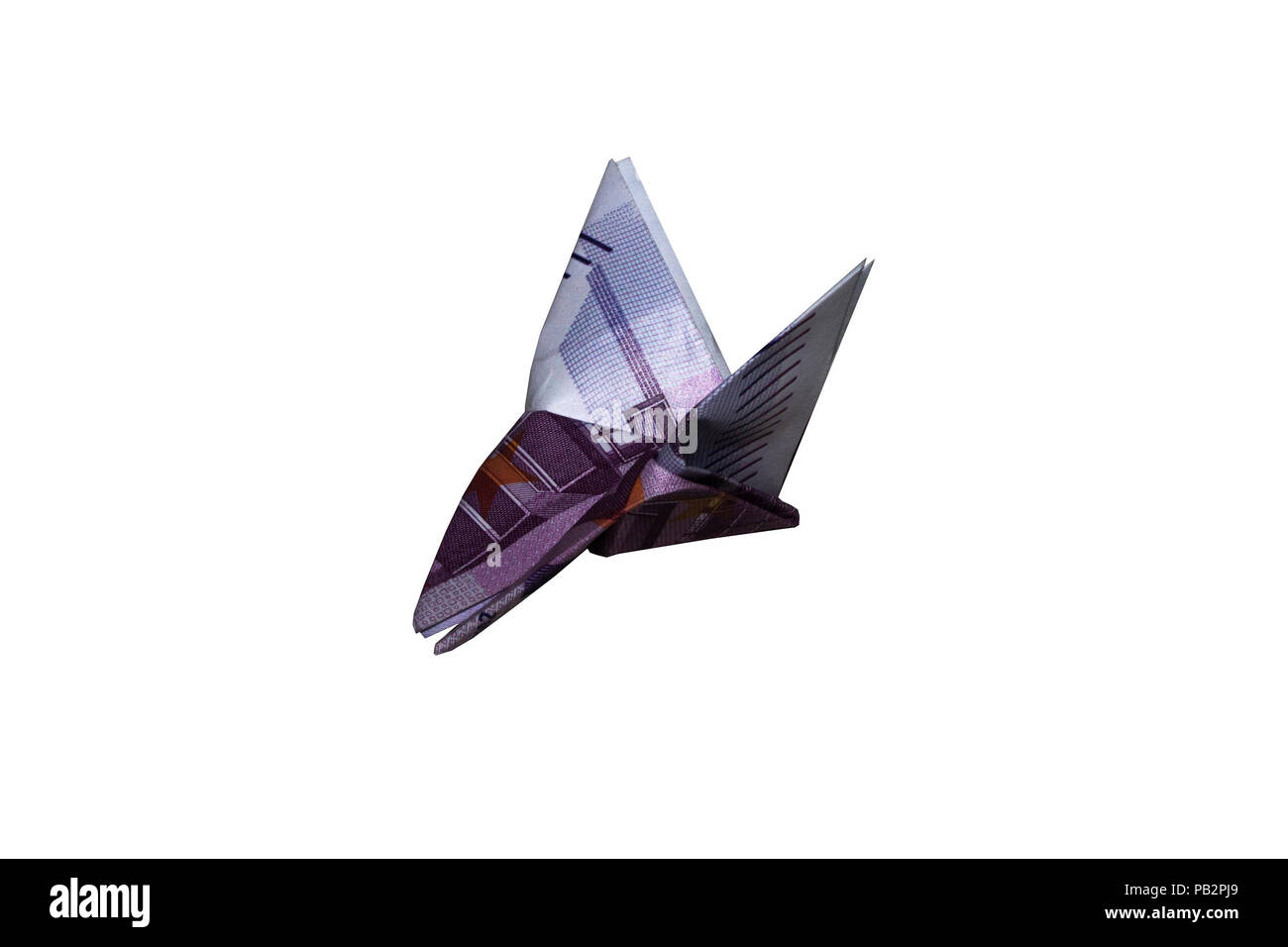 500 Fivehundred Euro € Rechnung in einem fliegenden origami Schmetterling einfach Geld Interesse gefaltet Stockfoto