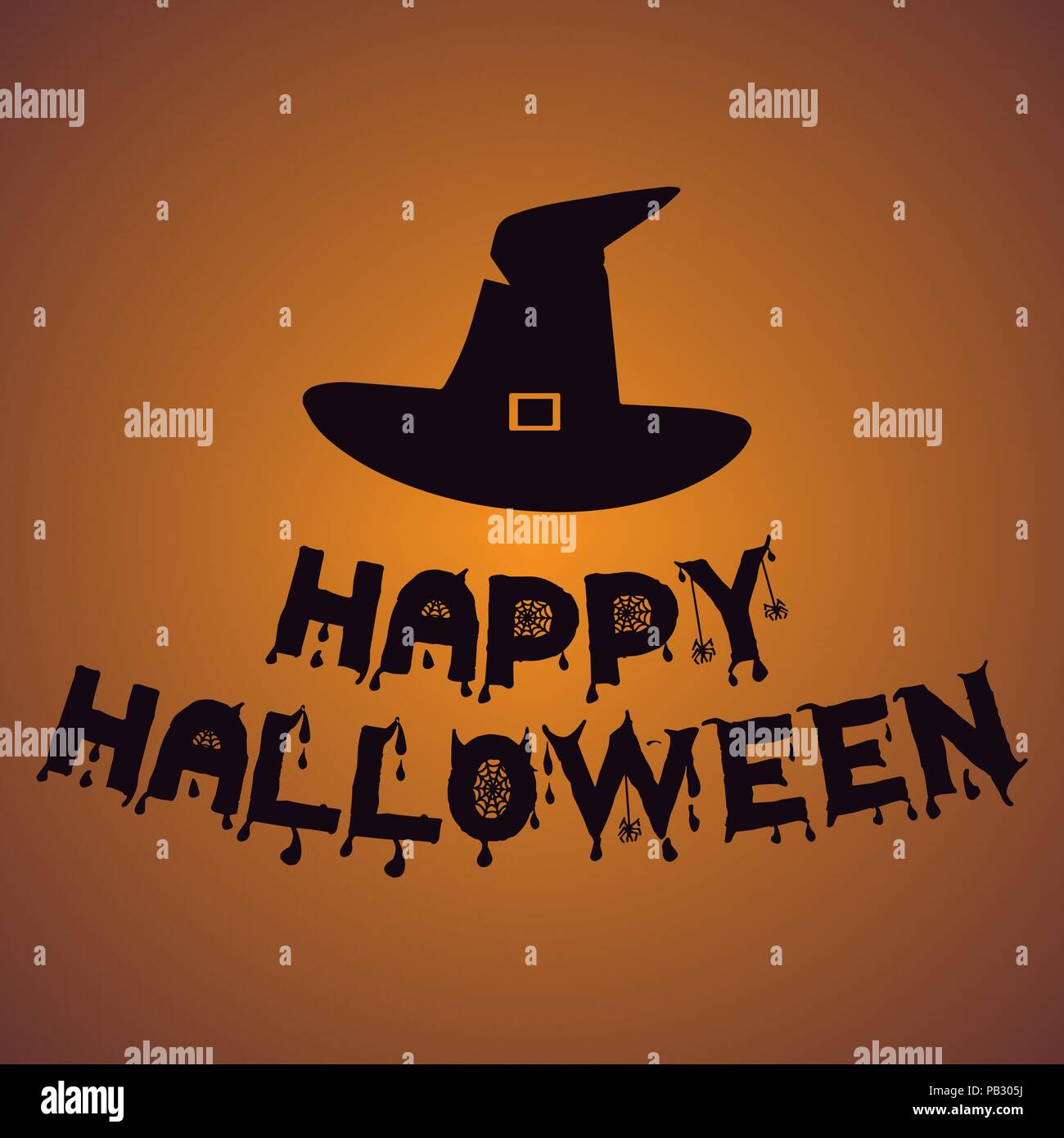 Hexe hut Happy Halloween. Vector Illustration mit Text. Orange Hintergrund mit Farbverlauf. Stock Vektor
