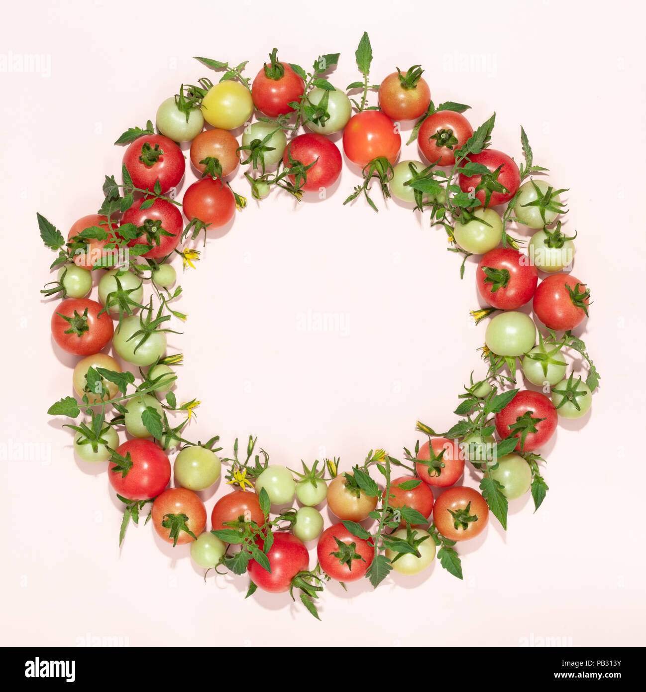 Runder Kreis frame von Tomaten und Blätter. Stockfoto