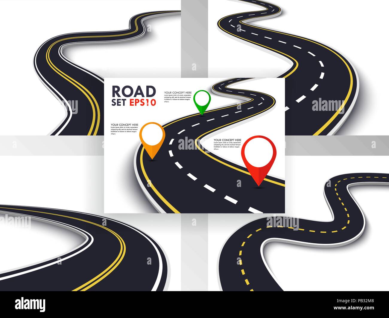 Kurvenreiche Straße eingestellt. Reise und Reise Route. Business und Reise Infografik Design Template mit Pin Pointer. Kurvenreiche Straße. Vector EPS 10. Stock Vektor