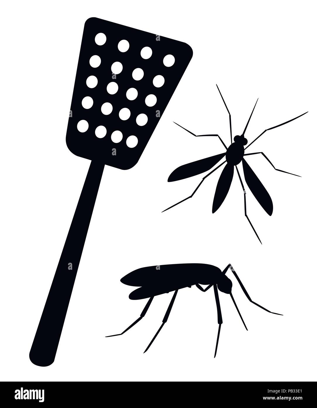 Schwarze Silhouette. Swatter mit Mücken Fliegen. Werkzeug für die Zerstörung der Insekten zu Hause. Red swatter am blauen Griff. Flache Vektor-illustration isoliert Stock Vektor