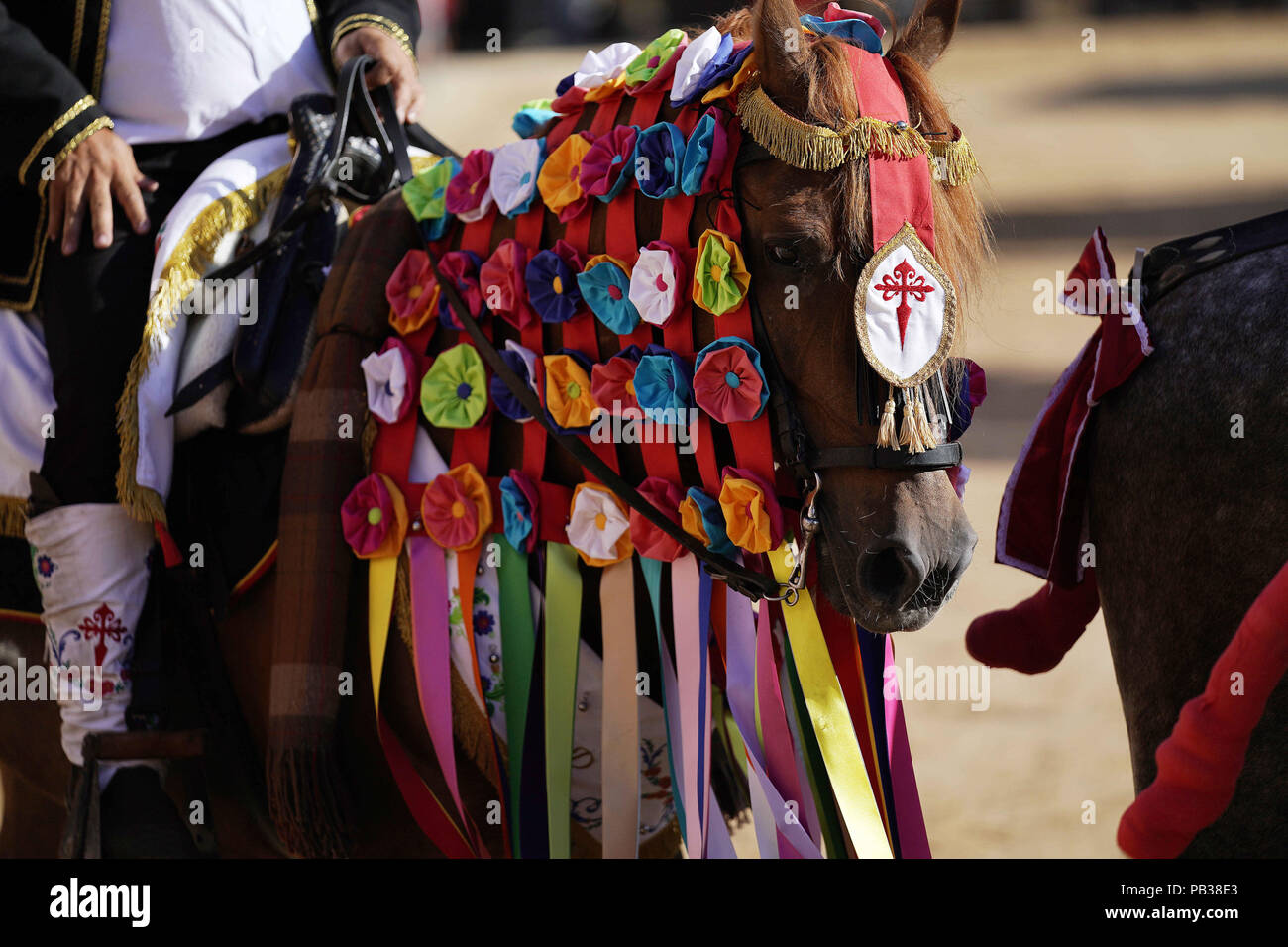 Carpio Tajo, Toledo, Spanien. 25. Juli, 2018. Detail der Ornamente auf einem der St James festival Pferde gesehen. Das St. James Festival im Dorf El Carpio de Tajo in der Nähe von Toledo, Spanien. Die Veranstaltung beinhaltet die Reiter in Richtung Gänse durch ihre Füße wie die montiert Teilnehmer Amis auf dem Hals des Vogels unterbrochen, bis es abgerissen wird galoppieren. Credit: Manu Reino/SOPA Images/ZUMA Draht/Alamy leben Nachrichten Stockfoto