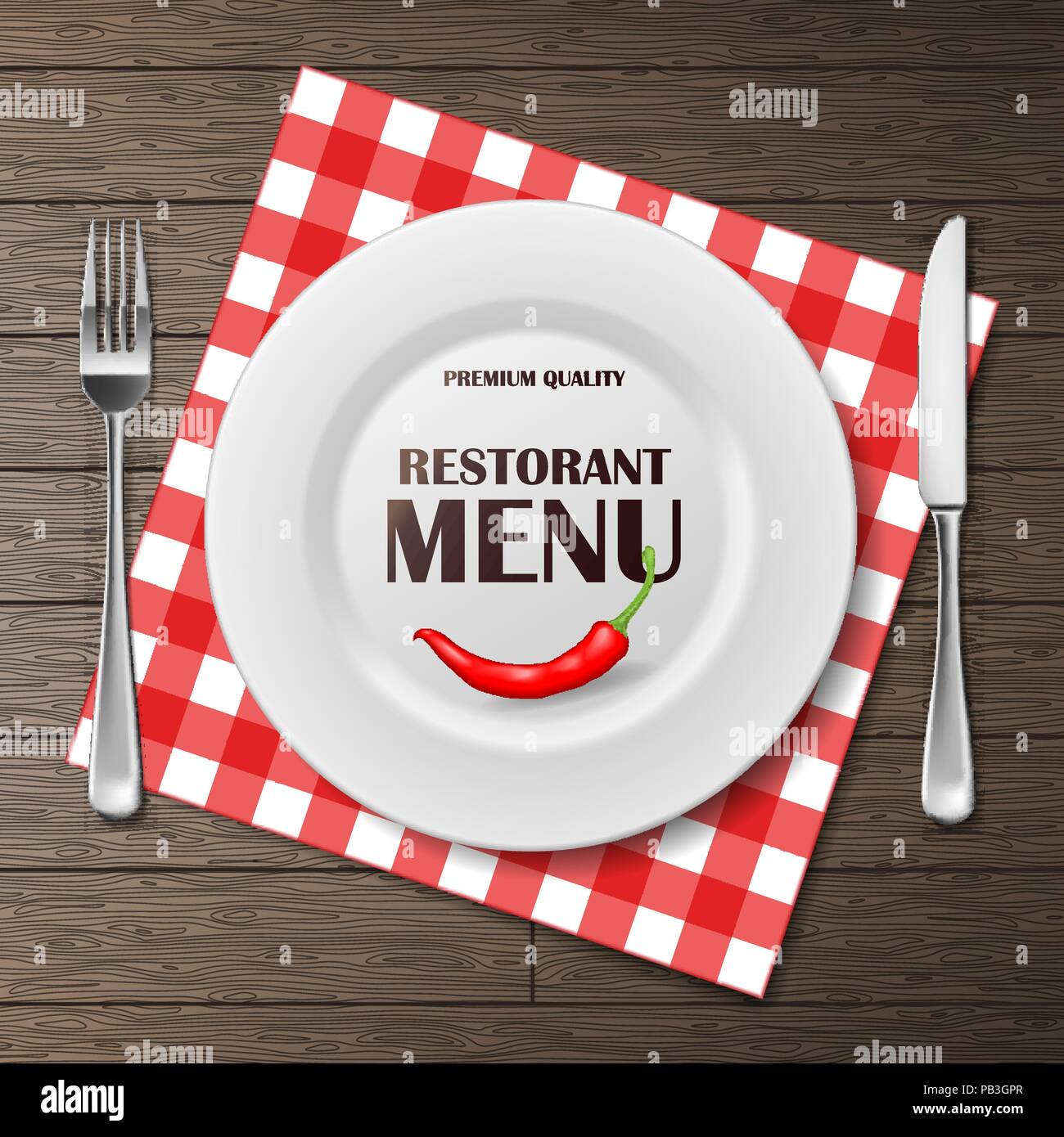 Restaurant Menü vordere Banner mit Teller und Besteck auf die Serviette gesetzt. realistische Restaurant Menü Hintergrund Werbung Plakat Vector Illustration Stock Vektor