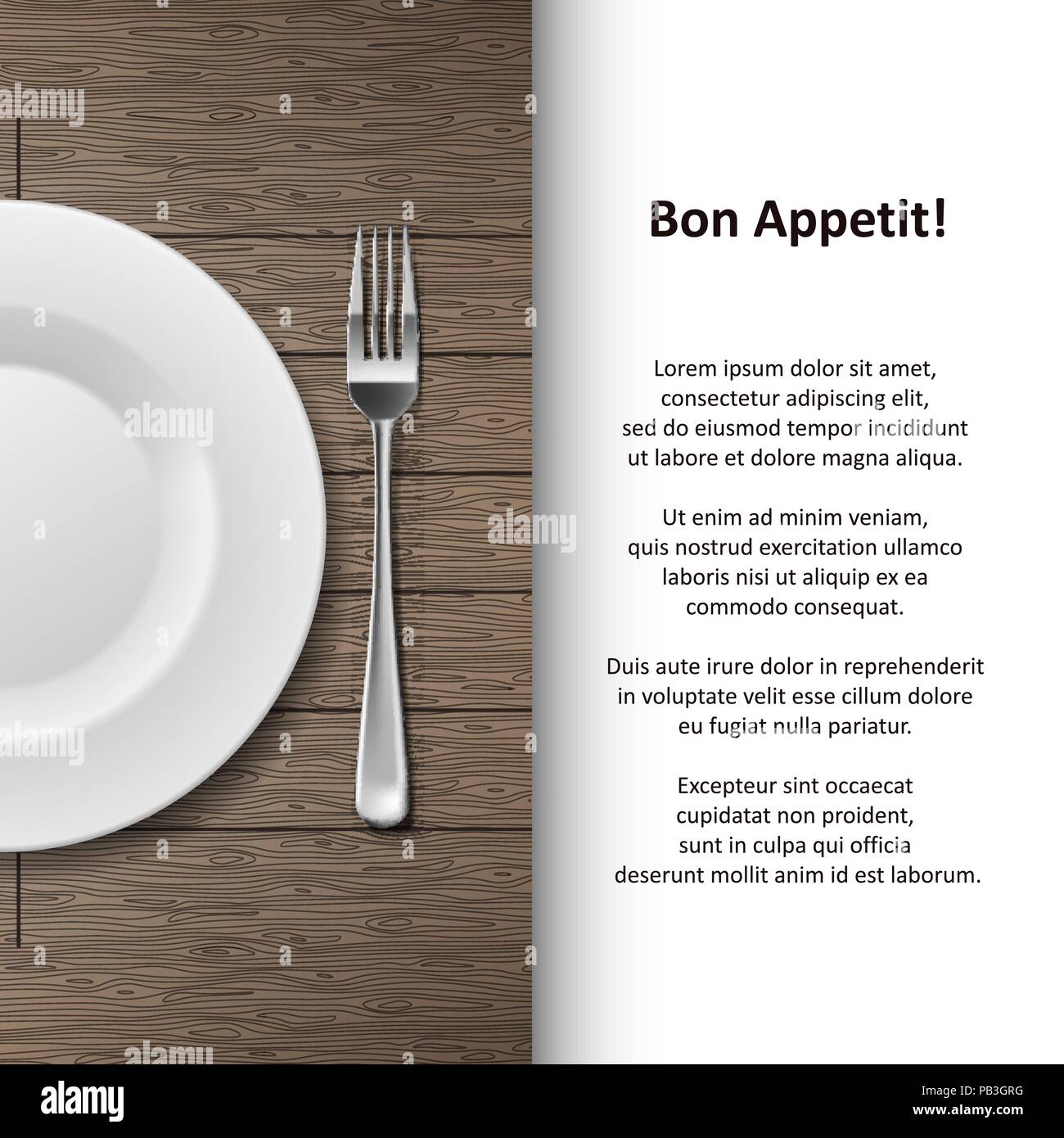 Restaurant Menü poster Design. Besteck shop banner Vorlage mit Gabel und Platte auf Holz- Hintergrund. Vector Illustration Stock Vektor