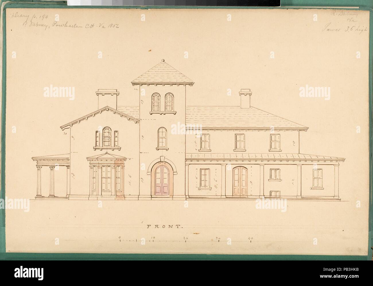 Haus für R. Dabney, Powhatan, Virginia (Frontansicht). Artist: Alexander Jackson Davis (American, New York 1803-1892 West Orange, New Jersey). Maße: Blatt: 9 1/4 x 13 5/8 in. (23,5 x 34,6 cm). Datum: 1856. Museum: Metropolitan Museum of Art, New York, USA. Stockfoto