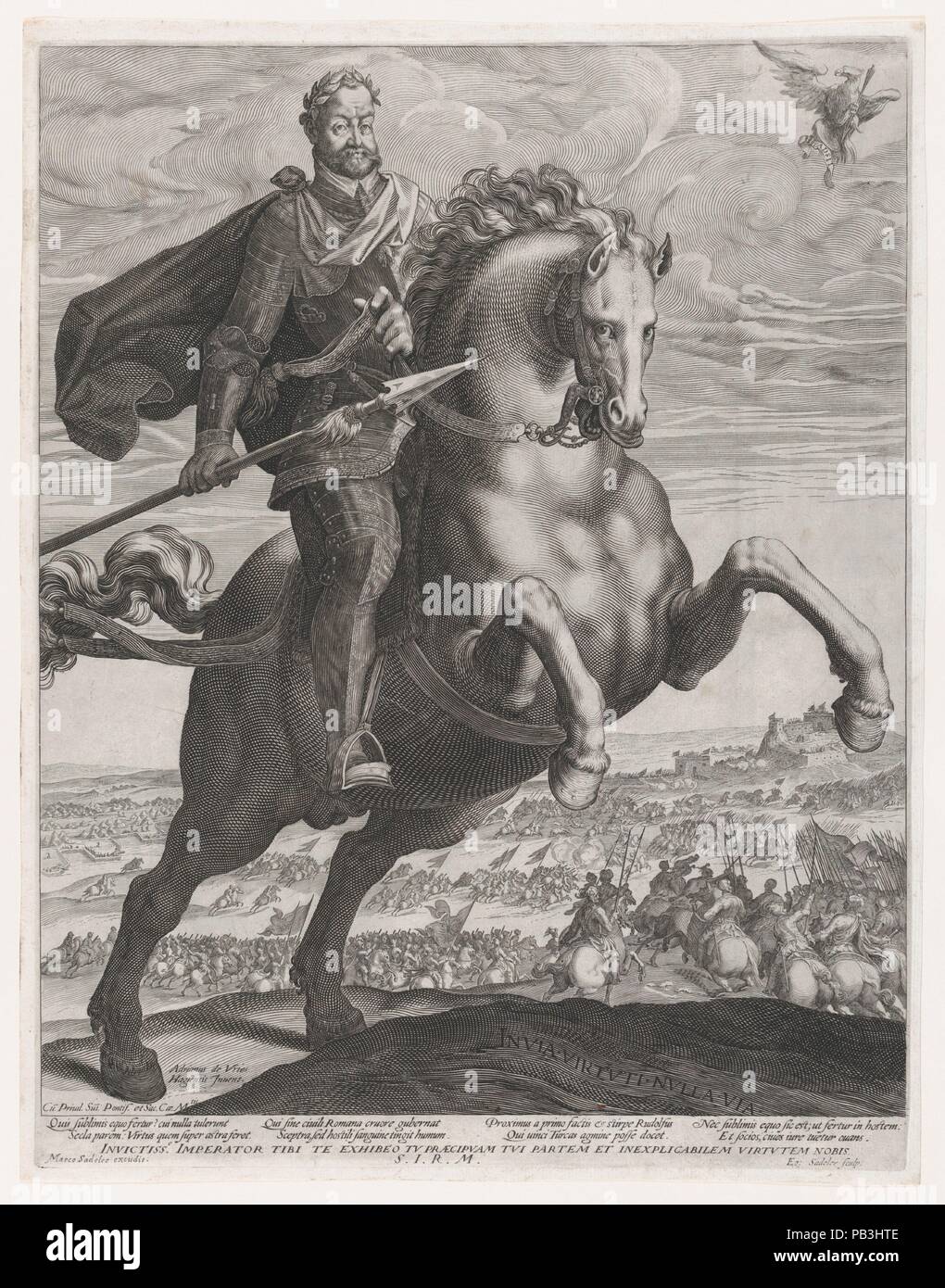 Portrait von Kaiser Rudolf II. zu Pferd. Artist: Aegidius Sadeler II (Niederländischen, Antwerpen 1568-1629 Prag); Nach: Adriaen de Vries (Niederländischen, Den Haag. 1545-1626 Prag). Maße: Blatt: 19 15/16 x 15 1/2 in. (50,7 × 39,3 cm) Platte: 19 3/8 x 15 in. (49,2 × 38,1 cm). Herausgeber: Marcus Sadeler (Deutsch, München vor 1614 oder nach 1650). Datum: 1586-1629. Museum: Metropolitan Museum of Art, New York, USA. Stockfoto