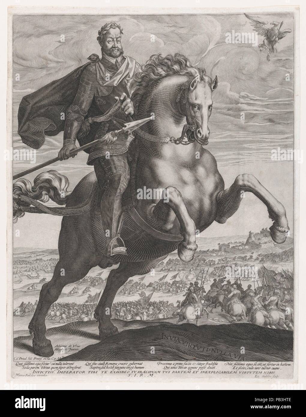 Portrait von Kaiser Rudolf II. zu Pferd. Artist: Aegidius Sadeler II (Niederländischen, Antwerpen 1568-1629 Prag); Nach: Adriaen de Vries (Niederländischen, Den Haag. 1545-1626 Prag). Maße: Blatt: 19 15/16 x 15 1/2 in. (50,7 × 39,3 cm) Platte: 19 3/8 x 15 in. (49,2 × 38,1 cm). Herausgeber: Marcus Sadeler (Deutsch, München vor 1614 oder nach 1650). Datum: 1586-1629. Museum: Metropolitan Museum of Art, New York, USA. Stockfoto Portrait von Kaiser Rudolf II. zu Pferd. Artist: Aegidius Sadeler II (Niederländischen, Antwerpen 1568-1629 Prag); Nach: Adriaen de Vries (Niederländischen, Den Haag. 1545-1626 Prag). Maße: Blatt: 19 15/16 x 15 1/2 in. (50,7 × 39,3 cm) Platte: 19 3/8 x 15 in. (49,2 × 38,1 cm). Herausgeber: Marcus Sadeler (Deutsch, München vor 1614 oder nach 1650). Datum: 1586-1629. Museum: Metropolitan Museum of Art, New York, USA. Stockfoto