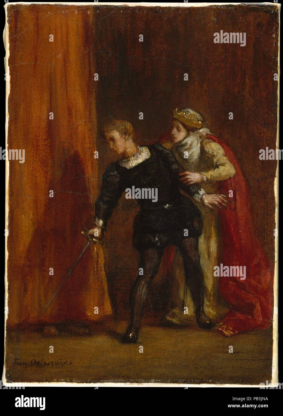 Hamlet und seiner Mutter. Künstler: Eugène Delacroix (Französisch, Charenton-Saint-Maurice 1798-1863 Paris). Abmessungen: 10 3/4 x 7 1/8 in. (27,3 x 18,1 cm). Datum: 1849. Dieses Bild zeigt den Moment in Shakespeares epischen Tragödie <i> Weiler</i>, in der die Protagonisten, die privat gesprochen hat mit seiner Mutter, der Königin Gertrude von Dänemark, bemerkt eine Figur hinter den Vorhängen von ihrem Schrank. Unmittelbar danach, Hamlet wird aufspießen Die versteckten Polonius mit seinem Schwert, und bringen den einprägsamen Satz "Wie jetzt! Eine Ratte? Ducat tot, tot!' Die Zusammensetzung ist identisch mit einer schwarzen und weißen lithogr Stockfoto