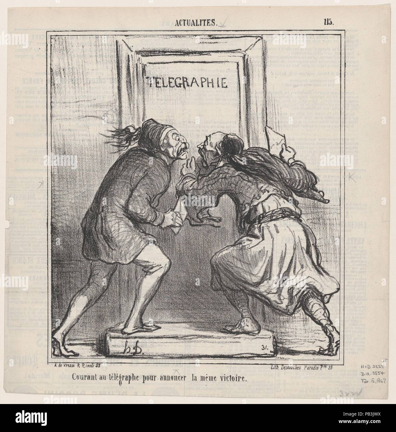 Beide laufen zum telegrafenamt den Sieg zu verkünden, von "Nachricht des Tages", in Le Charivari, 14. Februar 1867 veröffentlicht. Artist: Honoré Daumier (Französisch, Marseille 1808-1879 Valmondois). Abmessungen: Bild: 9 1/2 x 8 7/16 in. (24,1 × 21,4 cm) Blatt: 11 5/6 x 11 1/4 in. (29,1 × 28,6 cm). Drucker: destouches (Paris). Herausgeber: Arnaud de Comblain-la-Tour. Serie/Portfolio: "Nachricht des Tages" (CMS). Datum: Februar 14, 1867. Museum: Metropolitan Museum of Art, New York, USA. Stockfoto
