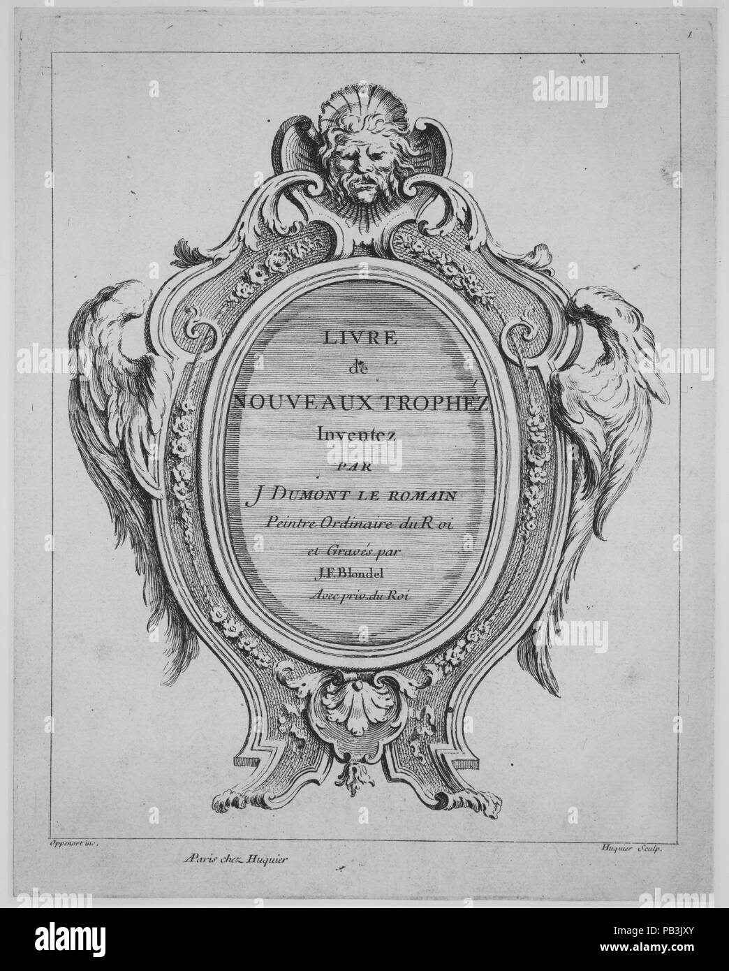 Buch der neuen Trophäen. Artist: Jacques Dumont, genannt Le Romain (Französisch, Paris 1701-1781 Paris). Designer: Entworfen von Gilles-Marie Oppenord (Französisch, Paris 1672-1742 Paris). Abmessungen: Insgesamt: 11 7/8 x 9 7/16 x 1/8 in. (30,2 x 24 x 0,3 cm). Engraver: Gravur von Jacques François Blondel (Französisch, Rouen, Paris 1705-1774). Erschienen in: Paris. Herausgeber: Herausgegeben von Chez Huquier (Französisch, 18. Jahrhundert). Datum: 1720-74. Museum: Metropolitan Museum of Art, New York, USA. Stockfoto