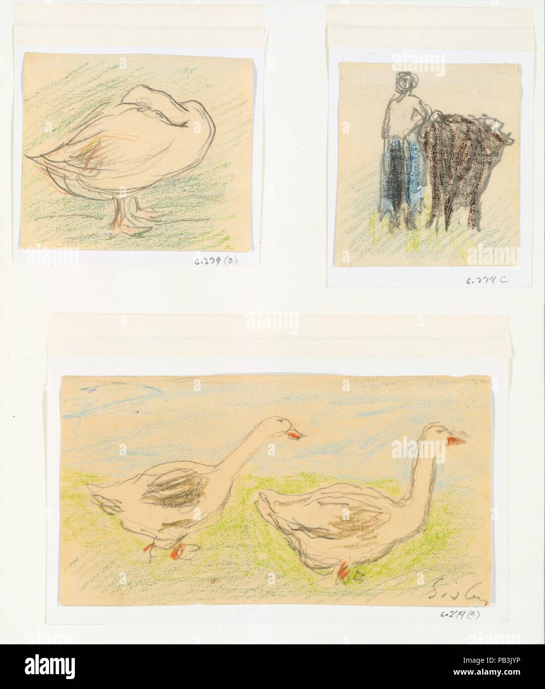 Drei Sketches-Two Gänse Wandern; Bäuerin mit einer Kuh; Gans verstecken den Kopf. Artist: Alfred Sisley (Britisch, Paris 1839-1899 Moret-sur-Loing). Abmessungen: 2 3/4 x 5 1/8 in. (7 x 13 cm); 2 7/16 x 2 3/16 in. (6,2 x 5,5 cm); 2 3/8 x 2 3/4 in. (6 x 7 cm). Datum: 1895-97. Museum: Metropolitan Museum of Art, New York, USA. Stockfoto