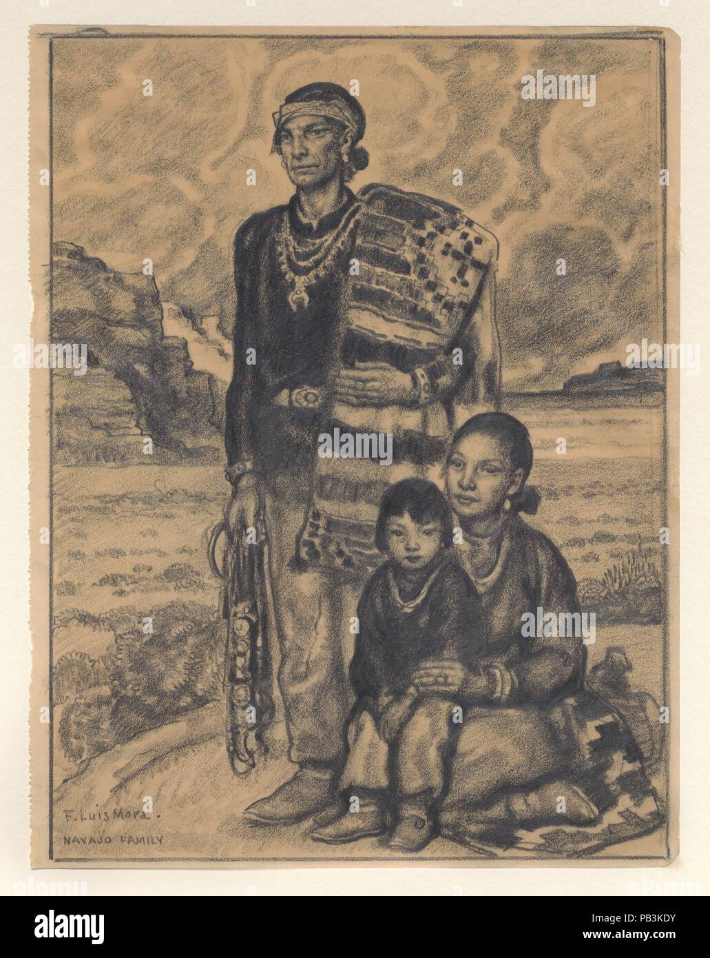 Navajo Familie. Artist: F. Luis Mora (Amerikanische (Uruguay), Montevideo 1874-1940 New York). Abmessungen: 9 15/16 x 7 11/16 in. (25,2 x 19,5 cm) Matte: 19 1/4 x 14 1/4 in. (48,9 × 36,2 cm). Datum: Ca. 1928. Mora, der in Boston und in New York studierte und arbeitete in den Vereinigten Staaten, Indianer an verschiedenen Punkten in seiner Karriere dargestellt. Diese sensible Darstellung eines Navajo Familie wurde von Mora die Reisen im Südwesten der USA im Jahr 1928 inspiriert, nur vier Jahre nach alle Indianer United Staatsbürgerschaft Staaten gewährt wurden. Mora verwendet diese Zeichnung als Studie für zwei Gemälde, einer der Stockfoto