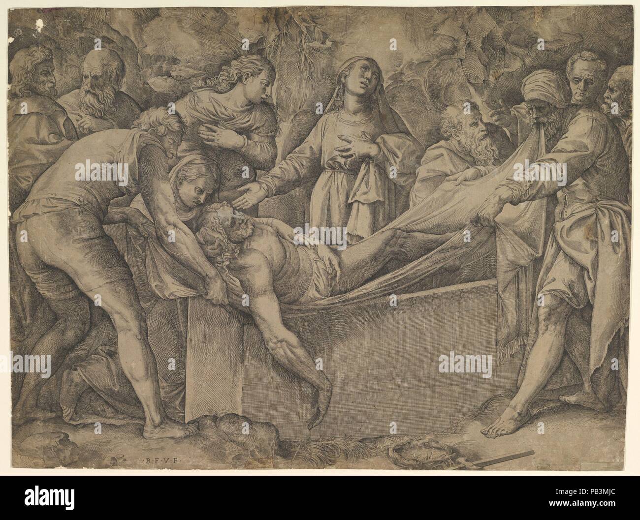 Die grablegung. Artist: Battista Franco (Italienisch, Venedig Ca. 1510-1561 Venedig). Abmessungen: Blatt (getrimmte): 16 3/4 x 22 7/16 in. (42,6 × 57 cm). Datum: Ca. 1552-61. Museum: Metropolitan Museum of Art, New York, USA. Stockfoto