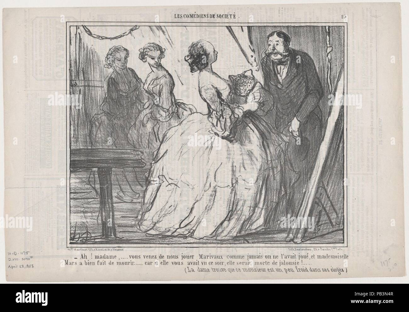 Ah! Madame,.... vous Venez de nous jouer Marivaux comme jamais auf ne l'avait Joué..., von Les Comediens de Société, in Le Charivari, 28. April 1858 veröffentlicht. Artist: Honoré Daumier (Französisch, Marseille 1808-1879 Valmondois). Maße: Blatt: 9 3/4 x 14 7/16 in. (24,7 × 36,6 cm) Bild: 7 15/16 x 9 11/16 in. (20,2 × 24,6 cm). Drucker: destouches (Paris). Herausgeber: Aaron Martinet (Französisch, 1762-1841). Serie/Portfolio: Les Comédiens de Société. Datum: 28.April 1858. Museum: Metropolitan Museum of Art, New York, USA. Stockfoto