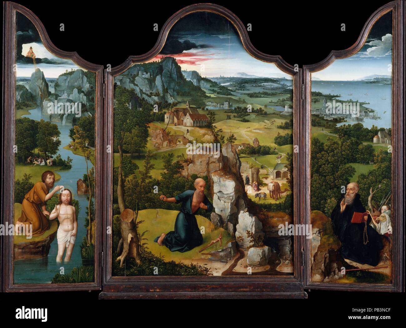 Die Buße des heiligen Hieronymus. Artist: Joachim Patinir (Niederländischen, Dinant oder Bouvignes, von 1515 aktiv - starb 1524 in Antwerpen). Abmessungen: Geformte top: zentrale Panel insgesamt, mit engagierten Frame, 46 1/4 in. x 32 in. (117,5 x 81,3 cm); jeder Flügel, insgesamt, mit engagierten Frame, 47 1/2 x 14 in. (120,7 x 35,6 cm). Datum: Ca. 1512-15. Die Quittierung Patinir führende Rolle in einem neuen Genre, Albrecht Dürer bezogen auf die Künstlerin 1521 als "gute Landschaftsmaler.' Dieses intakte Altarbild vermutlich eine Deutsche Kommission war, seit seiner äußeren Flügel zeigen Sebald, der Schutzheiligen von Nürnberg, und Saint Anne mit t Stockfoto