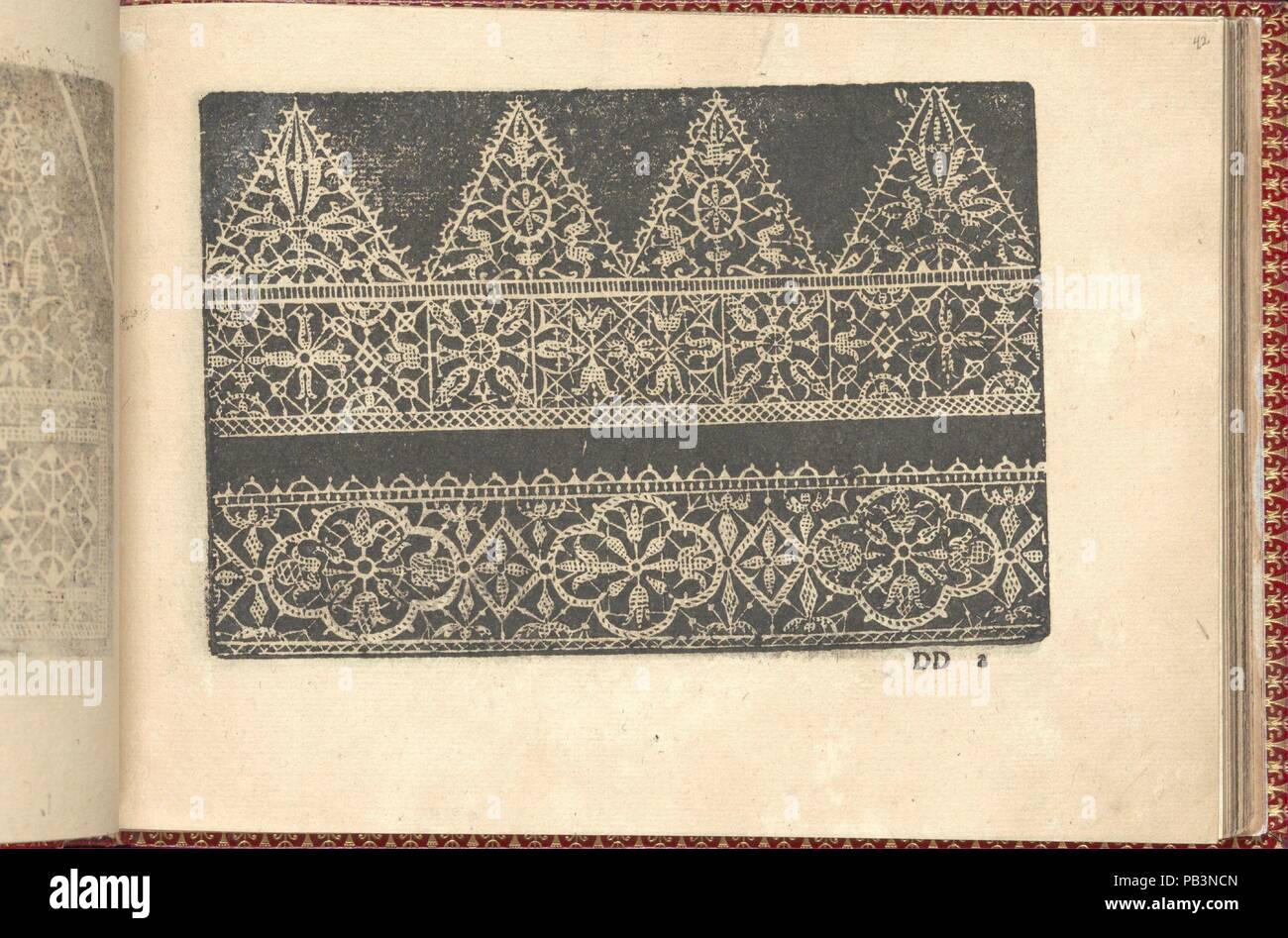 Corona delle Donne Nobili et wirbelnden Rondothema fort: Libro I-IV, Seite 42 (recto). Abmessungen: Insgesamt: 5 1/2 x 7 11/16 in. (14 x 19,5 cm). Erschienen in: Venedig. Herausgeber: Cesare Vecellio (Italienisch, Pieve di Cadore 1521-1601 Venedig), Venedig. Datum: 1601. Von Cesare Vecellio, Italienisch, Pieve di Cadore 1521-1601 Venedig, Venedig veröffentlicht. Von oben nach unten und von links nach rechts: Design aus 2 horizontalen Registern. Startseite Registrieren ist mit 4 Dreiecke mit einer zentralen Blumenmotiv, die auf einer rechteckigen Basis mit verschiedenen floralen Motiven verziert existieren verziert dekoriert. Untere Register ist mit einem eingerichtet Stockfoto