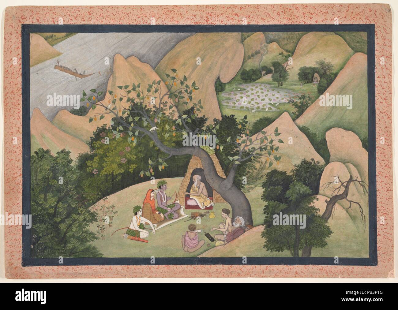 Rama, Sita, und lakshmana an der Einsiedelei des Bharadvaja: Folio aus dem Ramayana Serie. Artist: Erste Generation nach nainsukh. Kultur: Indien (Kangra, Himachal Pradesh). Abmessungen: Seite: 9 15/16 x 14 1/16-in. (25,2 x 35,7 cm) Bild: 8 1/8 x 12 1/8 in. (20,6 x 30,8 cm). Datum: Ca. 1780. Der Salbei Bharadvaja, in seiner Wüste Wald Tierheim sitzt, gibt Ratschläge zu Rama, Sita, und Lakshmana. Er sie erzählt von einer günstigen Rückzug von großen Rishis, die zugleich heilig und schön, wo sie für die Dauer ihrer vierzehn Wohne-jähriges Exil besucht. Es ist in der chitrakuta entfernt Stockfoto