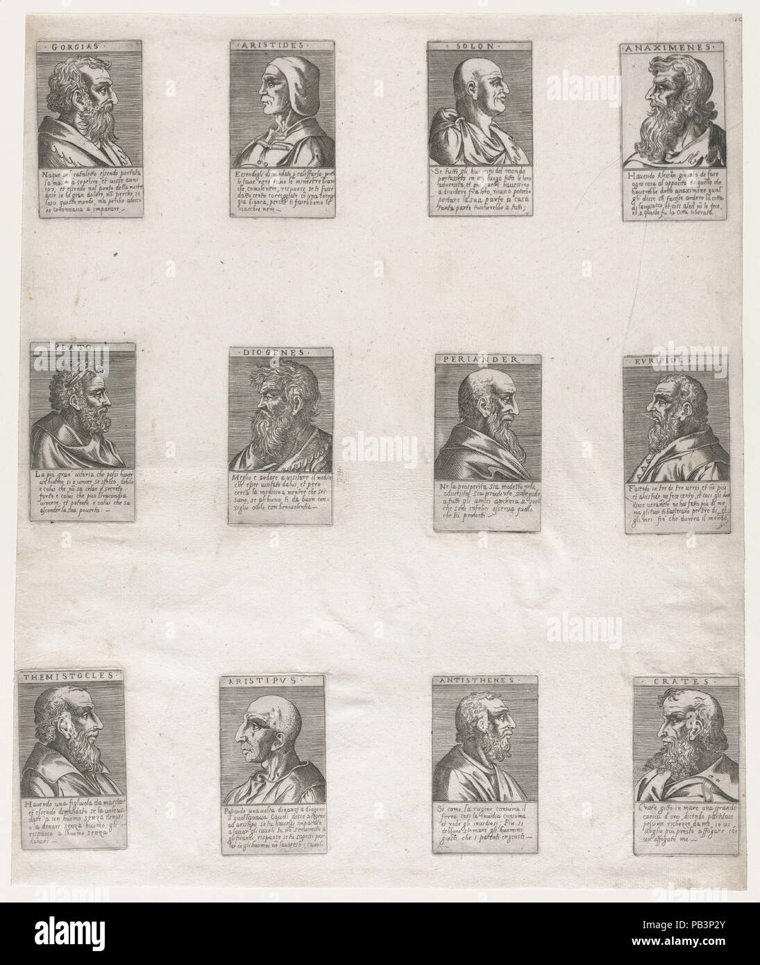 Speculum romanae Magnificentiae: Porträts der antiken Philosophen. Artist: Anonyme, italienisch, 16. Jahrhundert. Maße: Blatt: 18 5/16 x 15 3/8 in. (46,5 x 39 cm). Serie/Portfolio: Speculum romanae Magnificentiae. Datum: 16. Dieser Ausdruck stammt aus der Kopie für das Museum von Speculum romanae Magnificentiae (Der Spiegel der Römischen Pracht) Das Speculum seinen Ursprung im Verlags- Bemühungen von Antonio Salamanca und Antonio Lafreri gefunden. Während der Römischen publishing Karrieren, die zwei ausländische Verlage -, die zwischen 1553 und 1563 gearbeitet - die Produktion von Prin eingeleitet Stockfoto