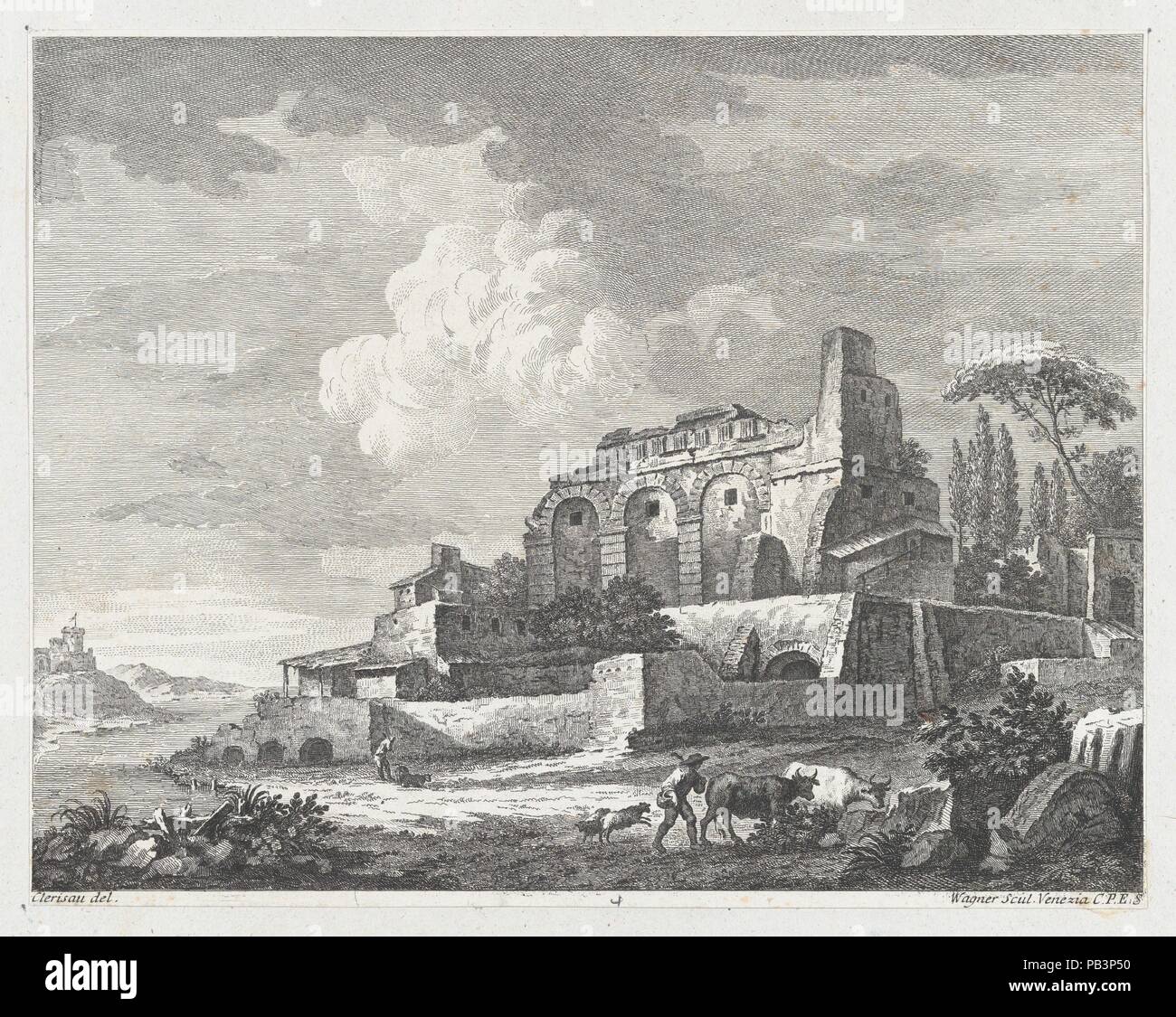 Landschaft mit Ruinen. Artist: nach Charles Louis Clérisseau (Französisch, Paris 1721-1820 Auteuil). Künstler und Verleger: Joseph Wagner (Italienisch, Thalendorf 1706-1780 Venedig). Abmessungen: Blatt (getrimmte): 14 3/16 x 9 3/4 in. (36 × 24,8 cm). Erschienen in: Venedig. Datum: Ca. 1750-70. Museum: Metropolitan Museum of Art, New York, USA. Stockfoto