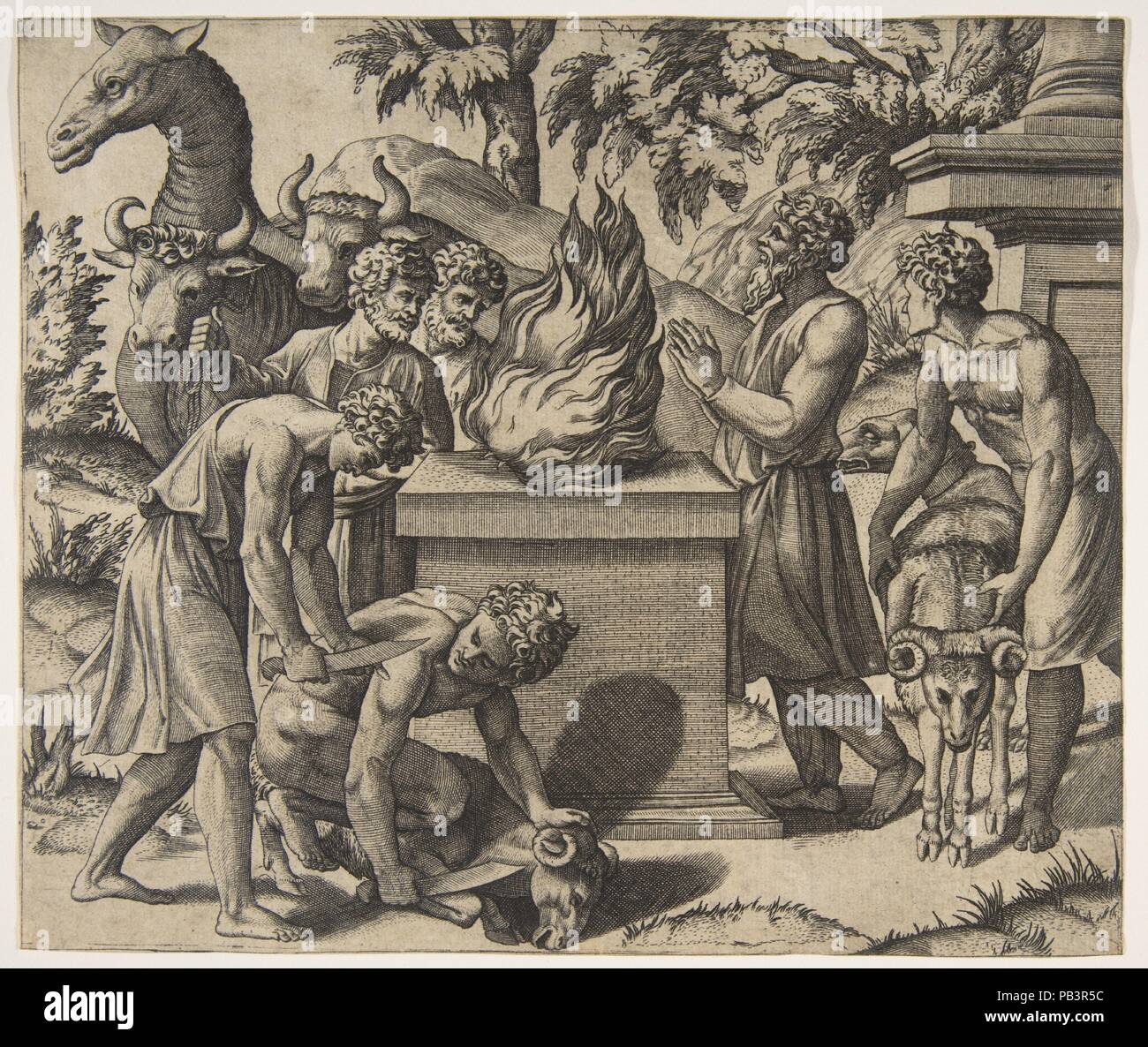 Noahs Opfer; Noah rechts mit seinen Händen clapsed im Gebet, bevor ein Feuer auf einem Altar, zwei Männer zu Opfern einen Widder auf dem Boden und eine andere, eine zweite Ram, zwei Männer, zwei Kühe und ein Kamel hinter dem Feuer. Artist: Marco Dente (Italienisch, Ravenna, aktiv von 1515 - gestorben 1527 Rom); Nach Raphael (Raffaello Sanzio oder Santi) (Italienisch, Urbino 1483-1520 Rom). Abmessungen: Blatt (getrimmte): 8 1/16 x 9 7/16 in. (20,4 × 23,9 cm). Datum: Ca. 1515-27. Museum: Metropolitan Museum of Art, New York, USA. Stockfoto