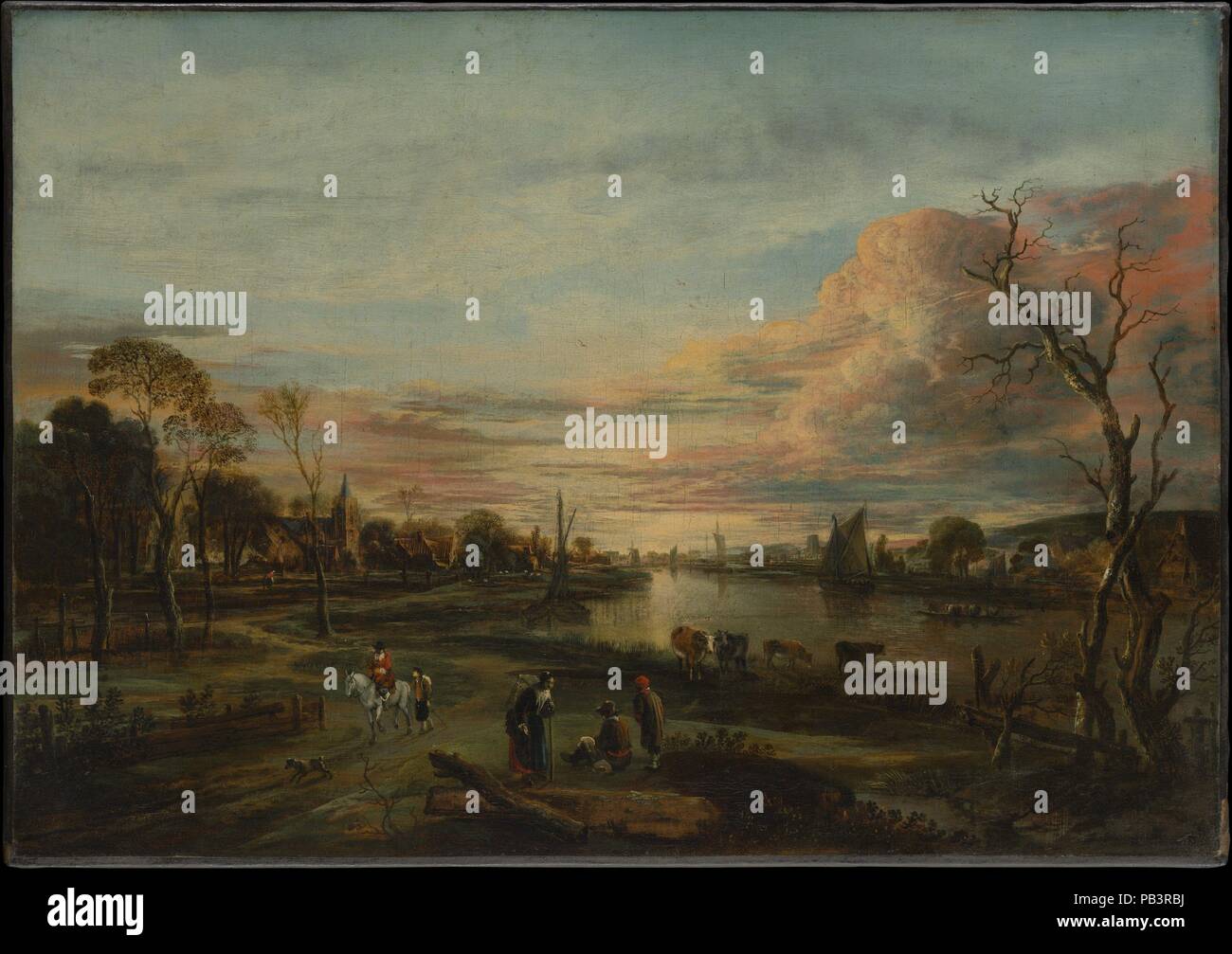 Landschaft bei Sonnenuntergang. Artist: Aert van der Neer (Niederländisch, Gorinchem 1603/4-1678 Amsterdam). Abmessungen: 20 x 28 cm. (50,8 x 71,4 cm). Datum: 1650. Ein scharfes Auge für Wirkungen des Lichts unterscheidet die landschaft gemälde von Aert van der Neer. Hier der Künstler wandte seine Aufmerksamkeit zu, wie die Sonne über dem Fluss, mit brillant leuchten Rosa und Gelb Wolken ihre Reflexionen Casting auf das Wasser unten. Im Vordergrund, Wanderer der unterschiedlichen sozialen Klassen bewegen entlang der Serpentinenstraße, die das Auge zurück zieht in ein Dorf in der Ferne. In ihrer Färbung und anekdotischen Details, die pa Stockfoto