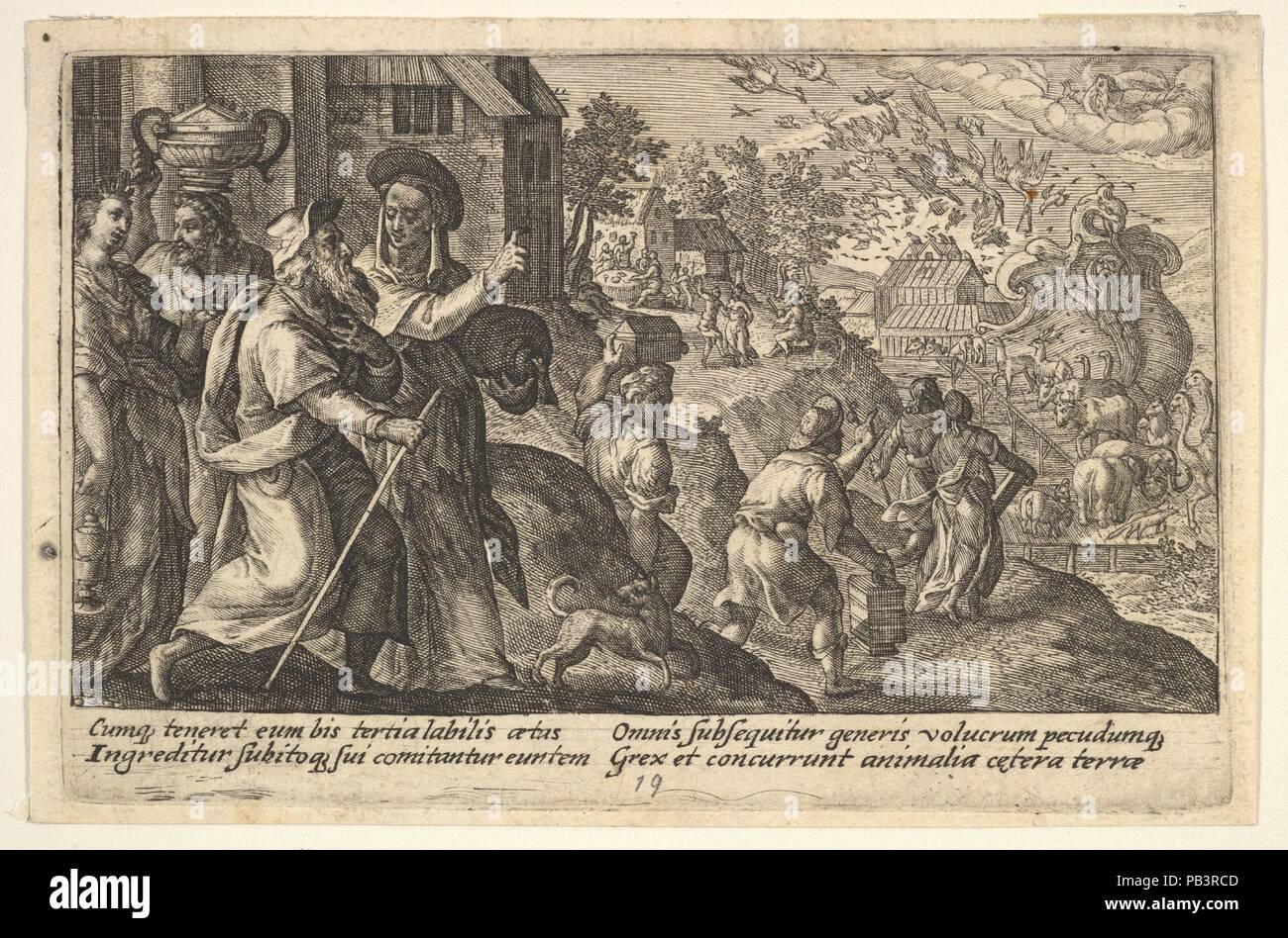 Eintrag in die Arche Noah und seine Familie gehen Sie in Richtung der Lade im Hintergrund, Paare von Tieren gehen Sie eine Rampe in die Arche führende, als eine Serie von Gravuren für die erste Ausgabe des "Liber Genesis' gemacht. Artist: Crispijn de Passe der Ältere (Niederländischen, Arnemuiden 1564-1637 Utrecht). Maße: Blatt: 3 7/16 x 5 3/16 in. (8,7 x 13,2 cm) Platte: 3 3/16 x 5 in. (8,1 x 12,7 cm). Serie/Portfolio: Gravuren für die erste Ausgabe des "Liber Genesis' gemacht. Datum: 1612. Museum: Metropolitan Museum of Art, New York, USA. Stockfoto