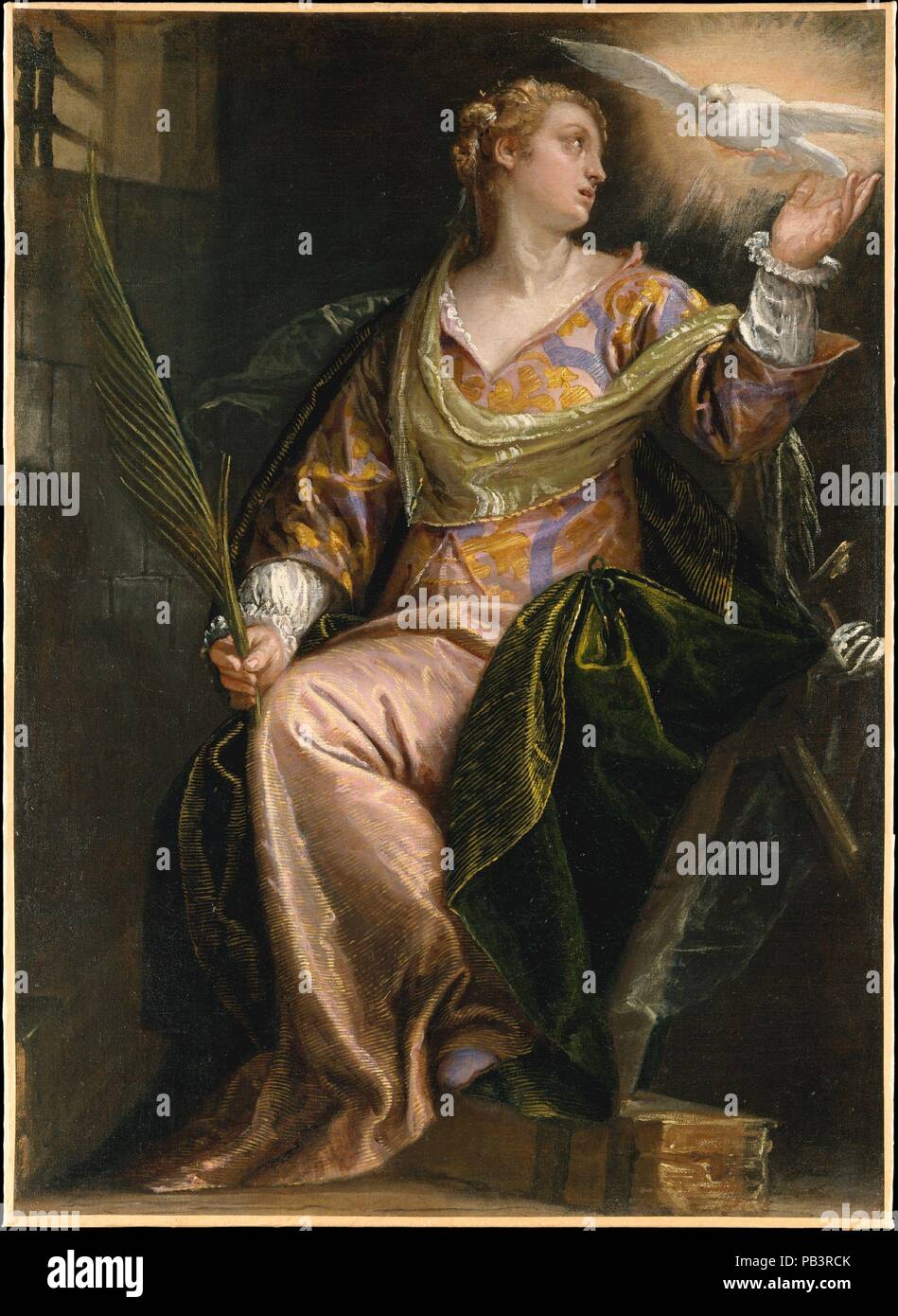 Die heilige Katharina von Alexandria im Gefängnis. Artist: Paolo Veronese (Paolo Caliari) (Italienisch, Verona 1528-1588 Venedig). Abmessungen: 45 3/4 x 33 in. (116,2 x 83,8 cm). Datum: Ca. 1580-85. Der römische Kaiser Maxentius verurteilte die Hl. Katharina, ein viertel Jahrhundert Prinzessin von Alexandrien, die versucht hatten, ihn über die Gültigkeit des Christentums zu überzeugen, bis zwölf Tage verhungern im Gefängnis. Veronese zeigt Ihr, in einer dunklen Zelle durch die Taube des Heiligen Geistes getröstet. Hinter und unter ihr sind Fragmente des Rades, mit denen der Kaiser versucht vergeblich, sie zu töten. Sie war letztlich Märtyrer Stockfoto