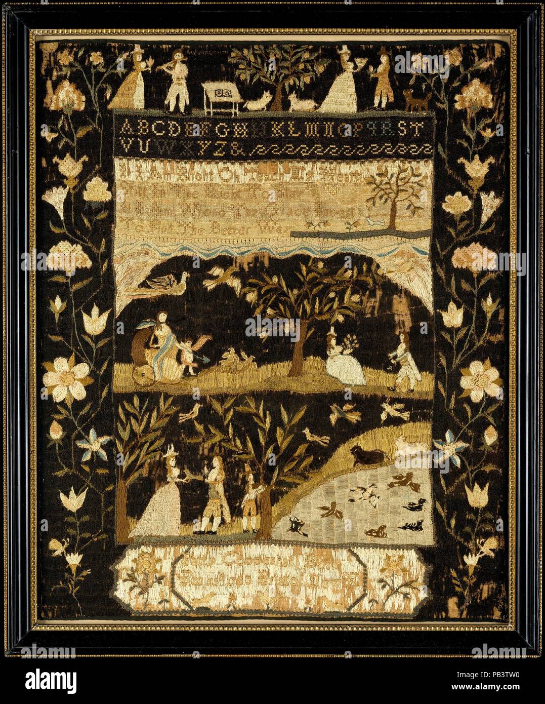 Bestickte Sampler. Kultur: American. Abmessungen: 19 1/2 x 16 5/8 in. (49,5 x 42,2 cm). Schöpfer: Patty Coggeshall (1780-1797). Datum: Ca. 1792. Martha Coggeshall (Spitzname: Patty) war das dritte von fünf Töchtern, William (1719-1796) und Margaret Munro (1744-1809) Coggeshall von Bristol geboren. Beide Patty und ihre Schwester Polly werden gedacht, eine Schule von Anne Bowman Usher (1723-1793), die Existenz von etwa 1774 bis 1793 ausgeführt wurde besucht haben. In hohem Grade respektiert, die Schule Tag Studenten aus wohlhabenden Bristol Familien, sowie Kinder der reichsten Vorsehung Familien, die angezogen Stockfoto