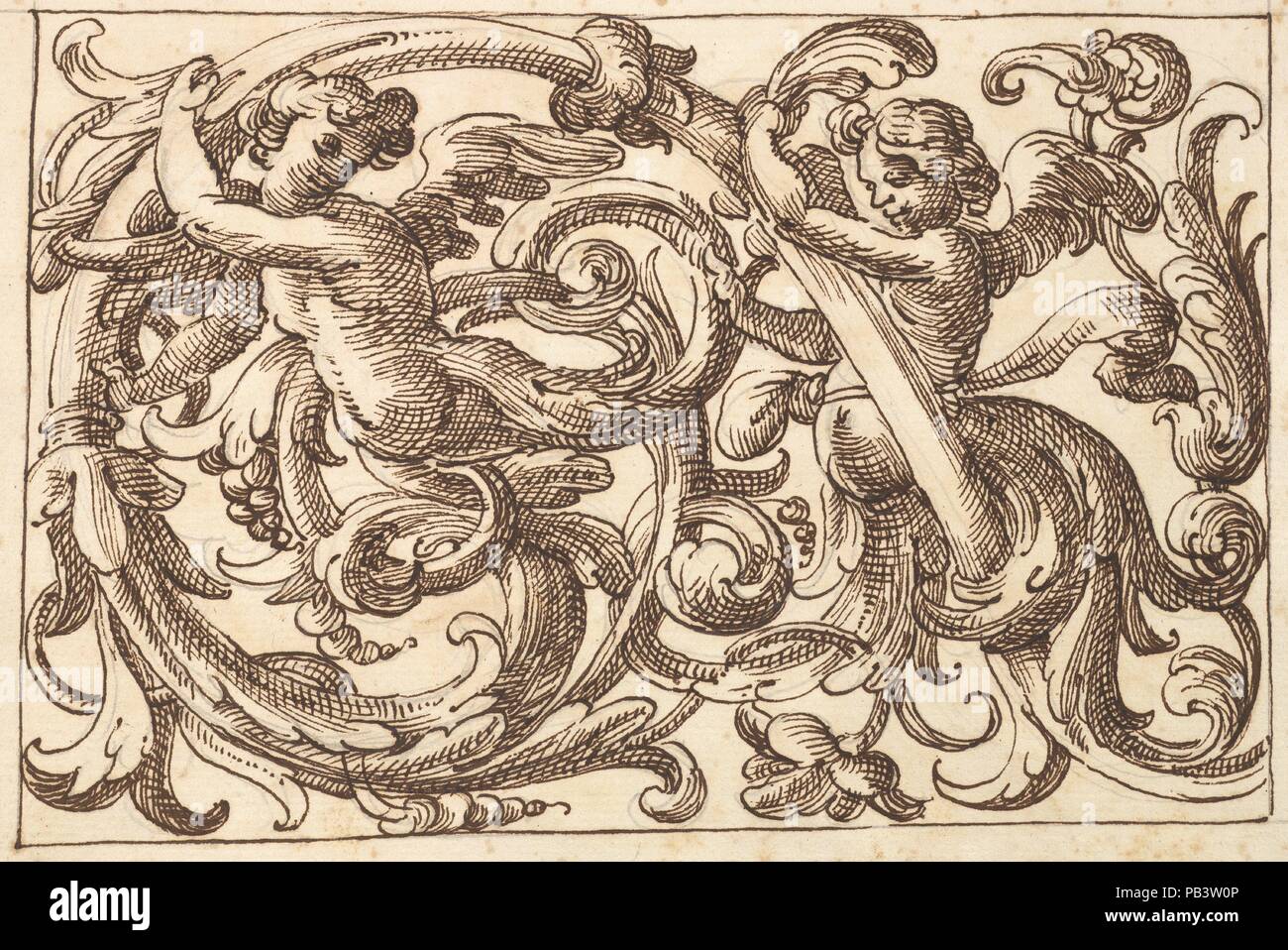 Horizontale Design mit zwei jungen männlichen Figuren eingestreut zwischen Acanthus Rinceaux. Artist: Anonyme, Italienisch, Venetian, 17. Jahrhundert, in der Art und Weise der Polifilo Giancarli (aktiv in Venedig Ca. 1600-1625). Maße: Blatt: 7 1/4 x 10 5/16 in. (18,4 x 26,2 cm). Datum: 17. Jahrhundert (erste Hälfte). Design für eine horizontale Leiste gefüllt mit einem Mäander Akanthus rinceau. Zwei junge männliche Figuren, deren unteren Körper bestehen aus akanthusblättern zwischen, durchsetzt und auf den gewundenen rinceaux halten. Museum: Metropolitan Museum of Art, New York, USA. Stockfoto