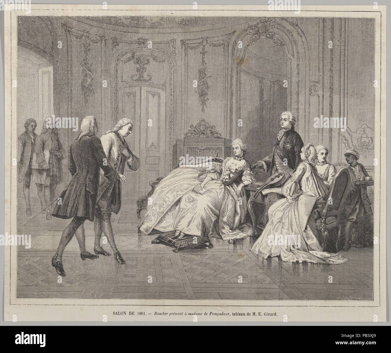 Boucher présenté à Madame de Pompadour (Boucher zu Madame de Pompadour vorgelegt) von Le Monde Illustré. Artist: Nach Édouard Gérard (Französisch, aktive Paris 1845-1876 Paris). Abmessungen: Bild: 8 1/4 x 10 1/2 in. (21 × 26,7 cm) Blatt: 9 5/16 x 11 1/4 in. (23,6 × 28,5 cm). Engraver: Henry Linton (Briten, London 1815-1899). Betrifft: François Boucher (Französisch, Paris 1703-1770 Paris). Datum: 29. Juni 1861. Linton's Drucken reproduziert ein Gemälde von Gérard, stellt die Einführung des Malers Fran  çois Boucher, Madame de Pompadour, ein führendes Mitglied der französischen Königshof und der aus Stockfoto