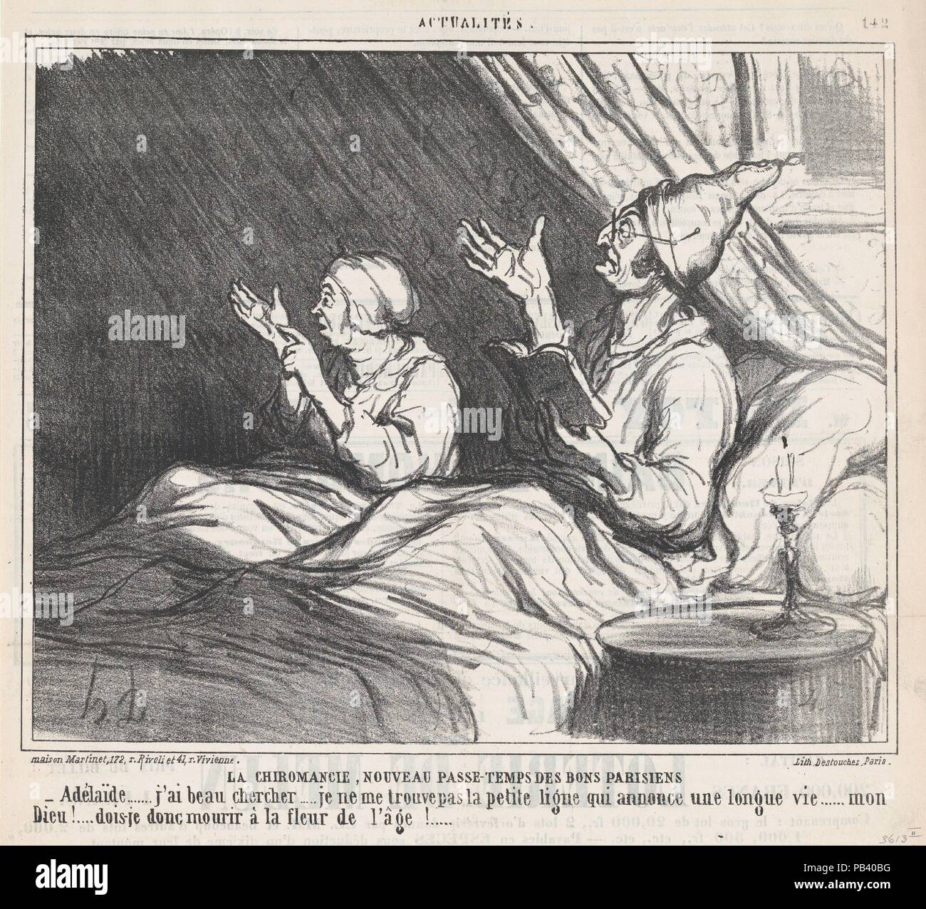 Handlesen, neue Pariser Zeitvertreib, aus "Nachricht des Tages", in Le Charivari, 1. Februar 1860 veröffentlicht. Artist: Honoré Daumier (Französisch, Marseille 1808-1879 Valmondois). Abmessungen: Bild: 8 7/16 x 10 7/16 in. (21,5 × 26,5 cm) Blatt: 11 9/16 x 11 9/16 in. (29,3 × 29,4 cm). Drucker: destouches (Paris). Herausgeber: Aaron Martinet (Französisch, 1762-1841). Serie/Portfolio: "Nachricht des Tages" (CMS). Datum: Februar 1, 1860. - Adelaide... egal wie intensiv ich suche, ich kann einfach nicht die Zeile für eine lange Lebensdauer.... oh mein Gott, muss ich in der Mitte meiner Tage sterben!. Museum: Metropolitan Museu Stockfoto
